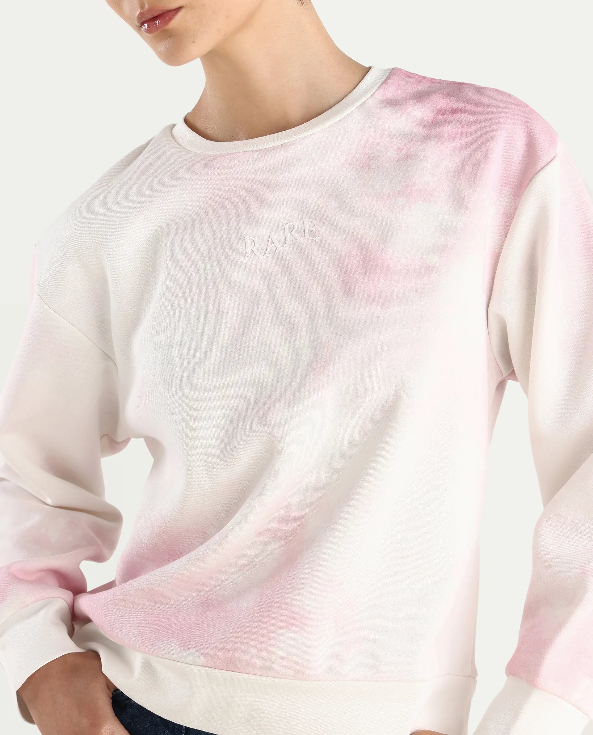 Rareism Women's Elvis Off White Cotton Blend Crew Neck Ombre Relaxed Fit Sweatshirt