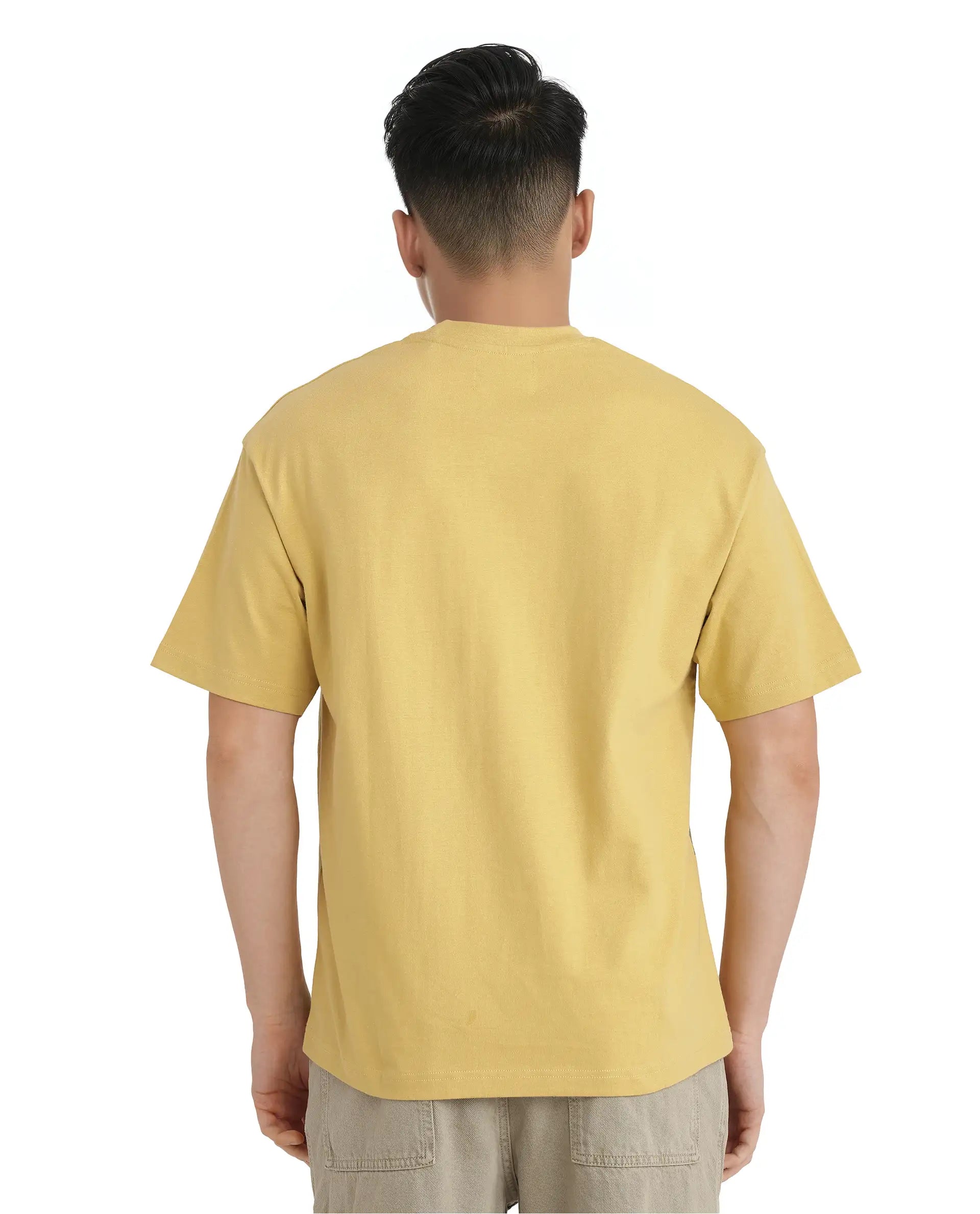 Rare Rabbit Men Elzo Mustard Cotton Fabric Short Sleeve Crew Neck Oversized Fit Ombre Logo Print T-Shirt