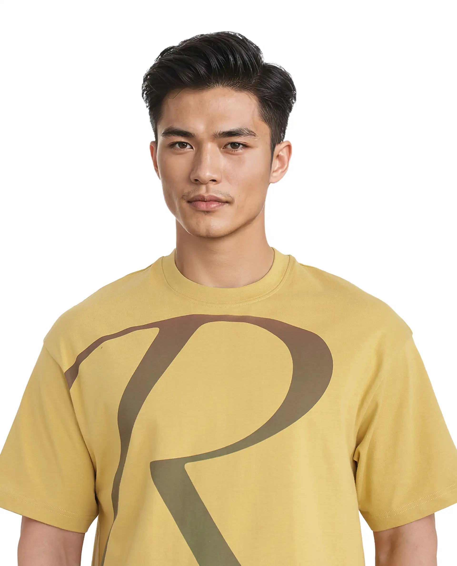 Rare Rabbit Men Elzo Mustard Cotton Fabric Short Sleeve Crew Neck Oversized Fit Ombre Logo Print T-Shirt