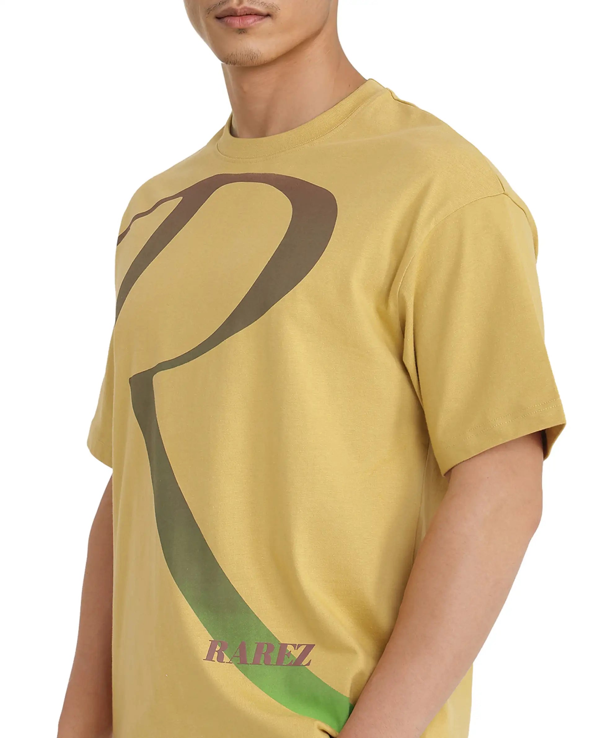 Rare Rabbit Men Elzo Mustard Cotton Fabric Short Sleeve Crew Neck Oversized Fit Ombre Logo Print T-Shirt