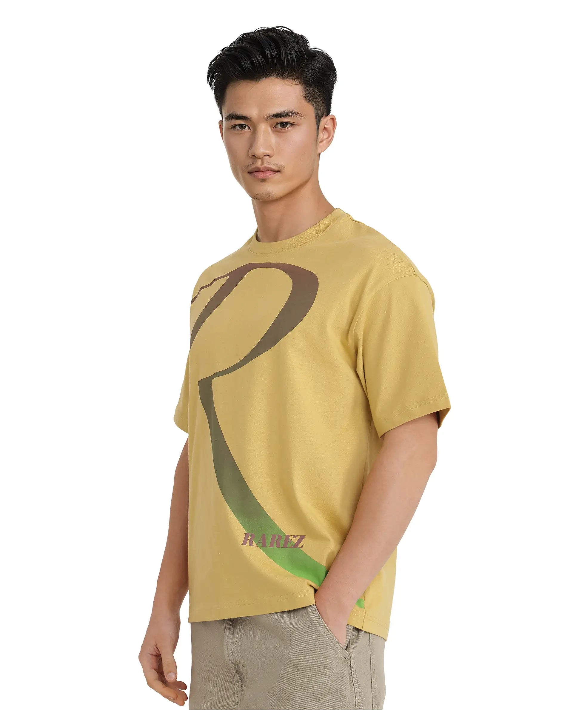 Rare Rabbit Men Elzo Mustard Cotton Fabric Short Sleeve Crew Neck Oversized Fit Ombre Logo Print T-Shirt