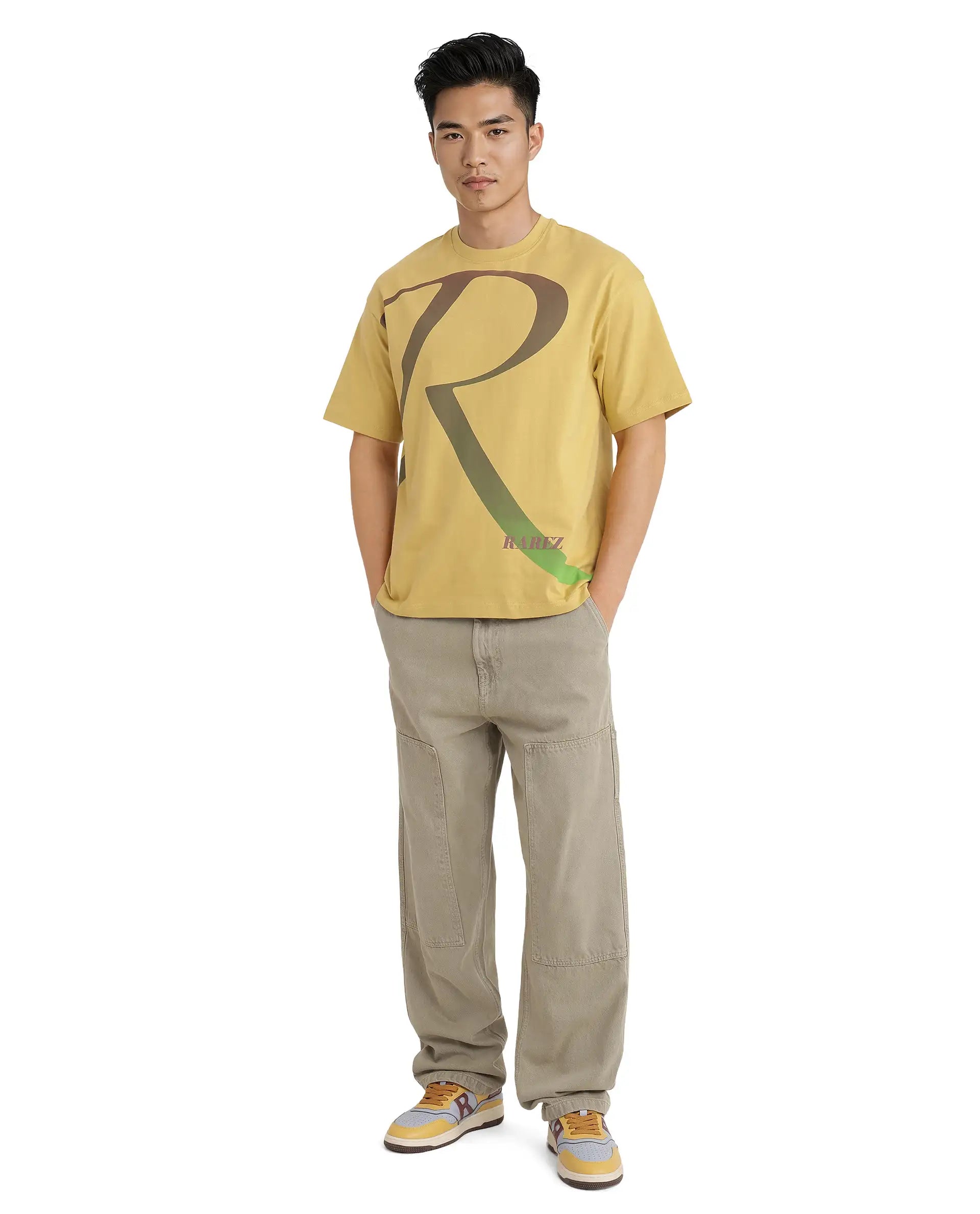 Rare Rabbit Men Elzo Mustard Cotton Fabric Short Sleeve Crew Neck Oversized Fit Ombre Logo Print T-Shirt