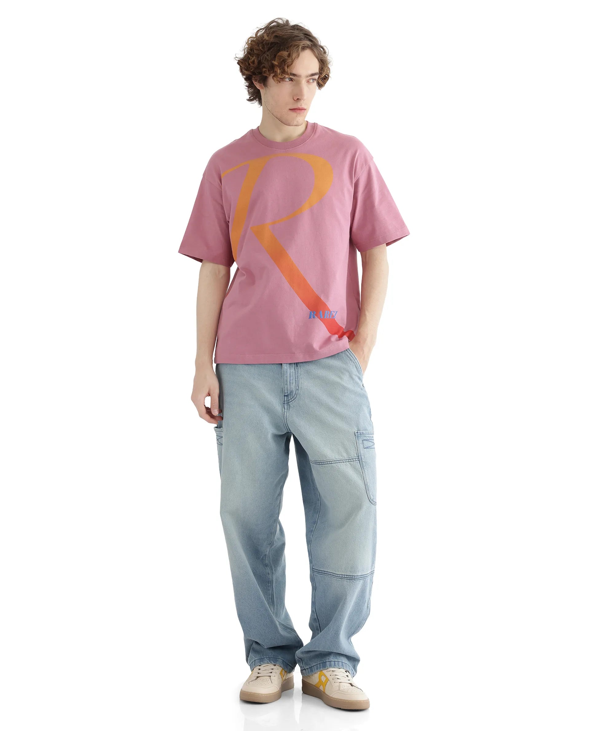Rare Rabbit Men Elzo Pink Cotton Fabric Short Sleeve Crew Neck Oversized Fit Typographic Ombre T-Shirt