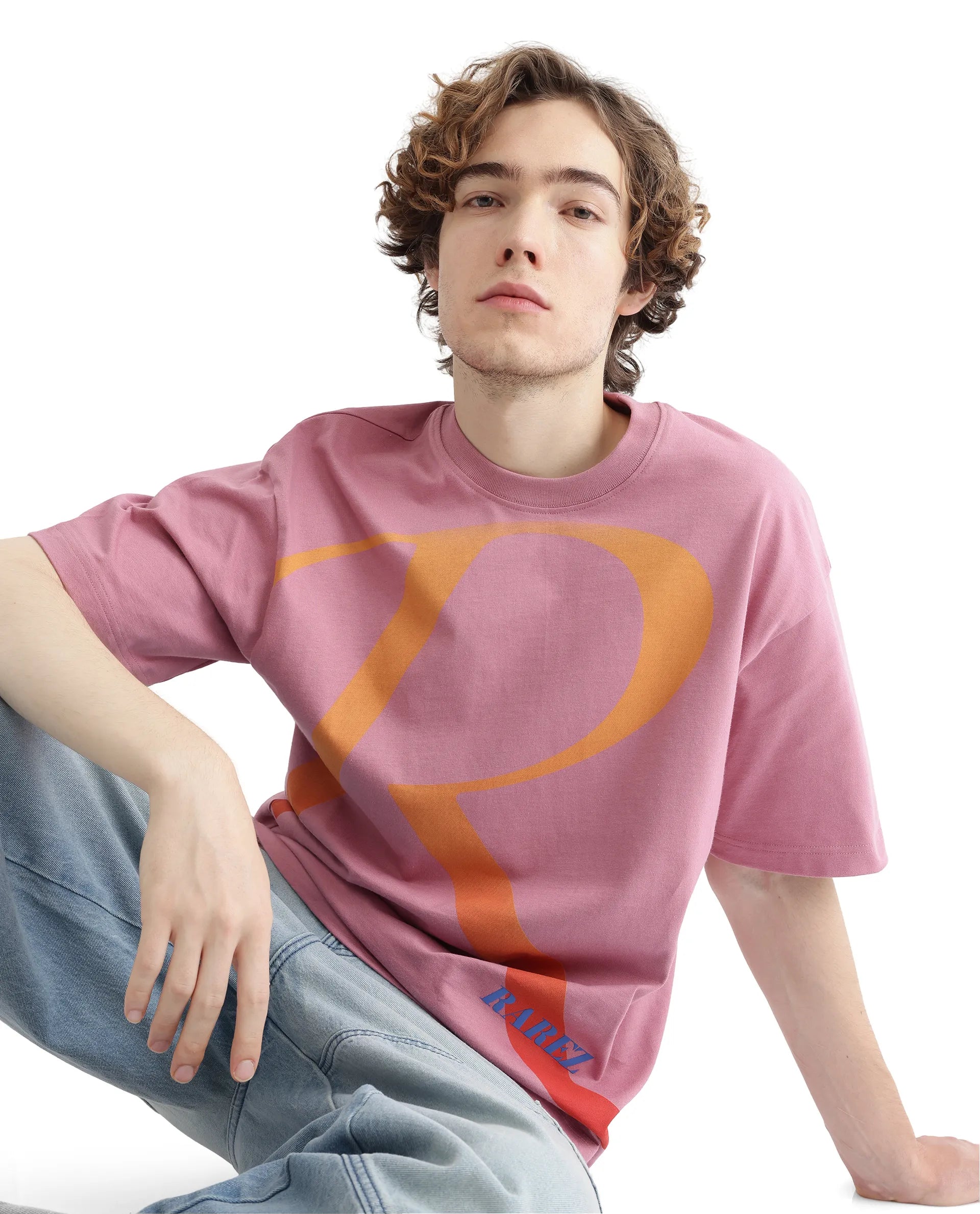 Rare Rabbit Men Elzo Pink Cotton Fabric Short Sleeve Crew Neck Oversized Fit Typographic Ombre T-Shirt