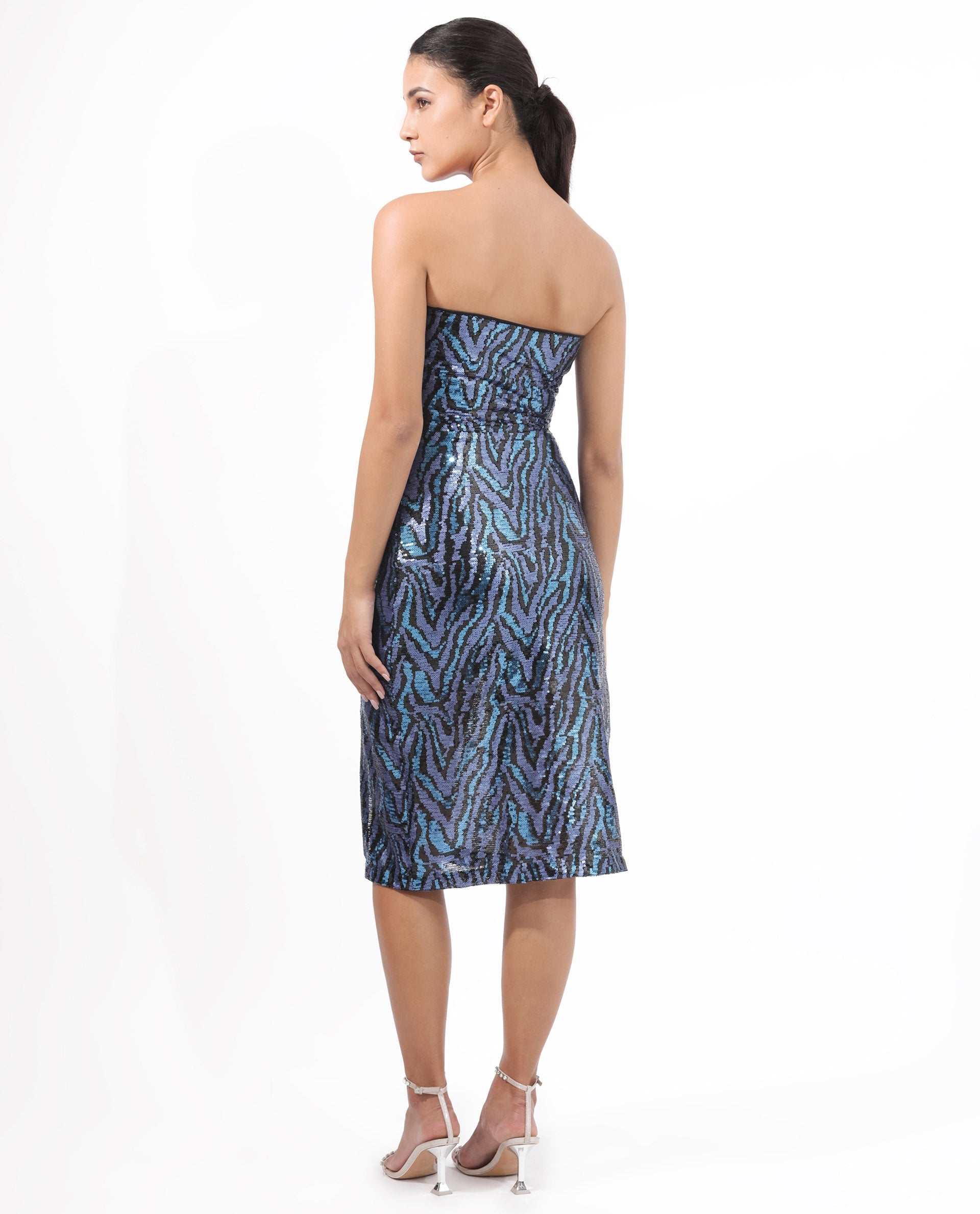 Rareism Women's Elica Sheen Multi Polyester Fabric Tube Neck   Sequined Bodycon Midi Dress