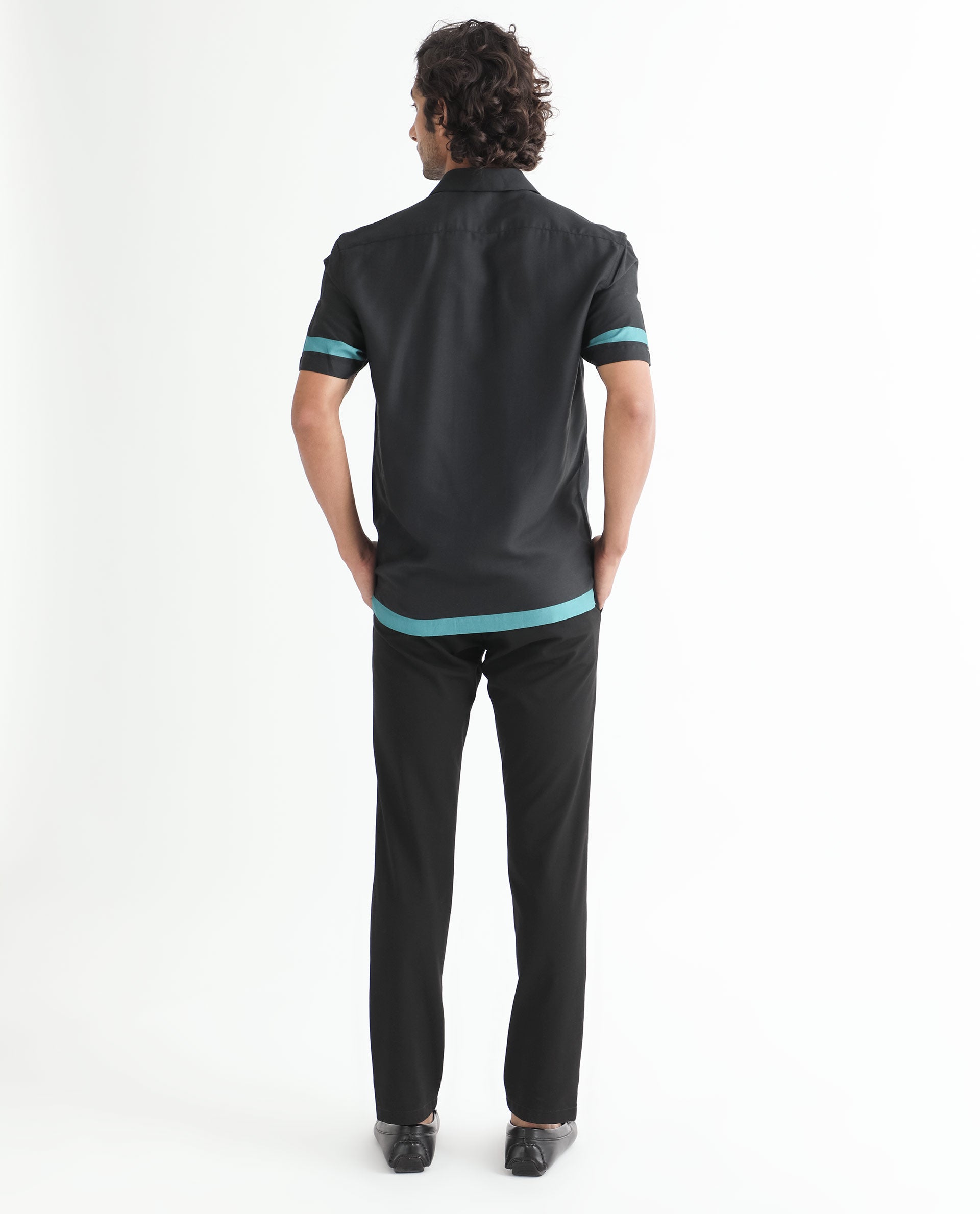 Rare Rabbit Men's Emble Black Modal Fabric Cuban Collar Floral Print Half Sleeves Contrasting Stiped Detail Shirt