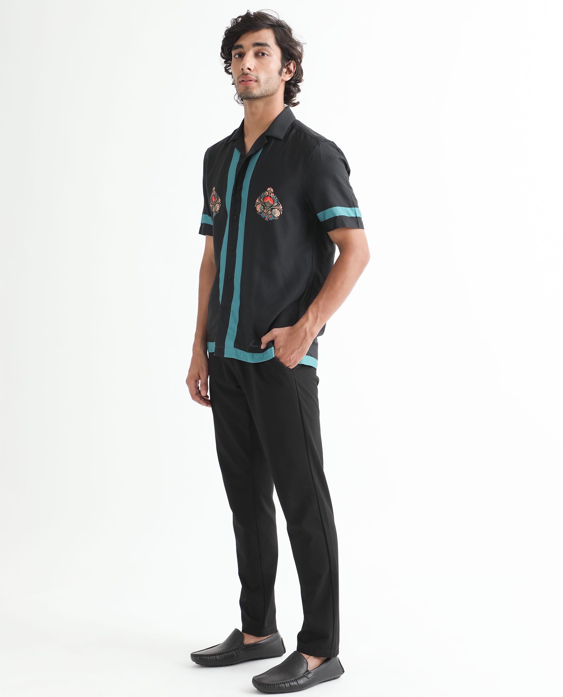 Rare Rabbit Men's Emble Black Modal Fabric Cuban Collar Floral Print Half Sleeves Contrasting Stiped Detail Shirt