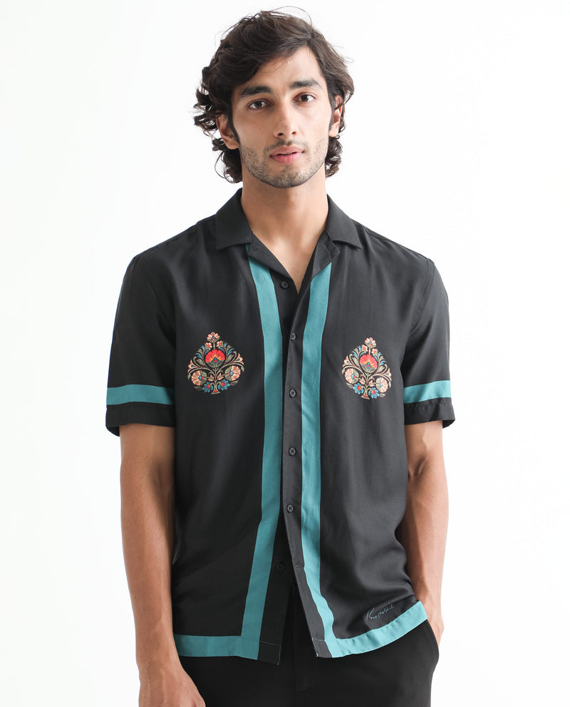 Rare Rabbit Men's Emble Black Modal Fabric Cuban Collar Floral Print Half Sleeves Contrasting Stiped Detail Shirt
