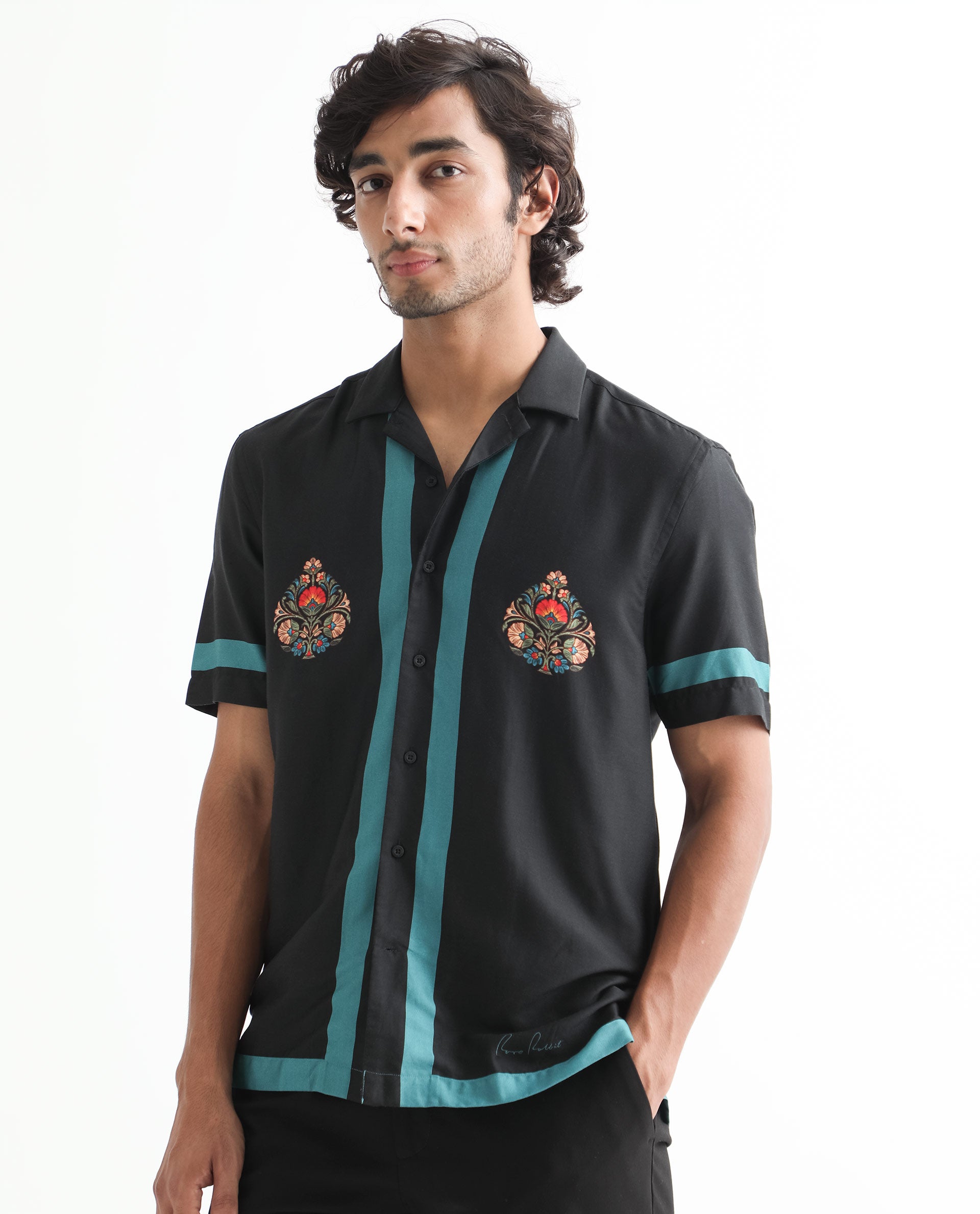 Rare Rabbit Men's Emble Black Modal Fabric Cuban Collar Floral Print Half Sleeves Contrasting Stiped Detail Shirt