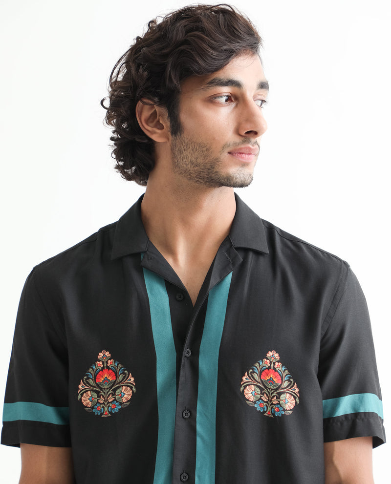 Rare Rabbit Men's Emble Black Modal Fabric Cuban Collar Floral Print Half Sleeves Contrasting Stiped Detail Shirt