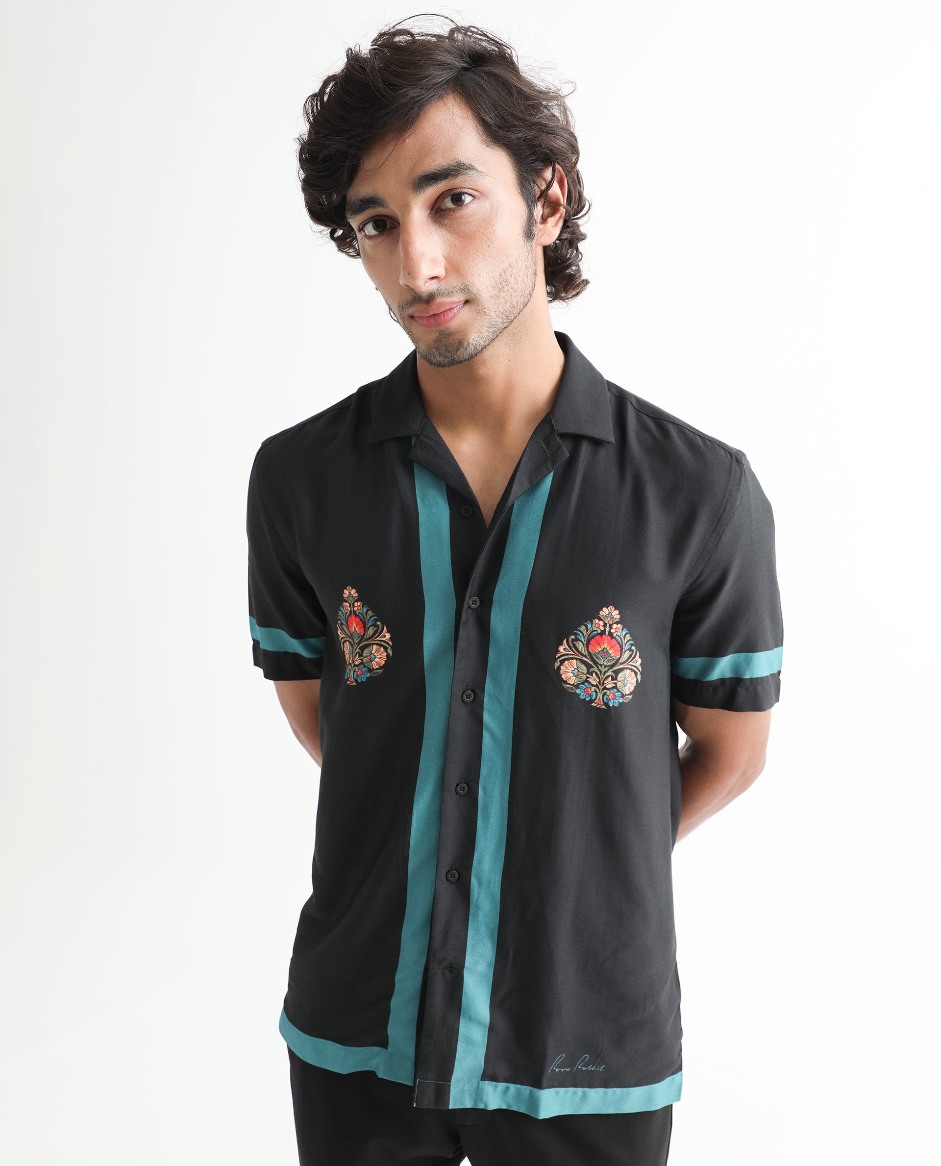 Rare Rabbit Men's Emble Black Modal Fabric Cuban Collar Floral Print Half Sleeves Contrasting Stiped Detail Shirt