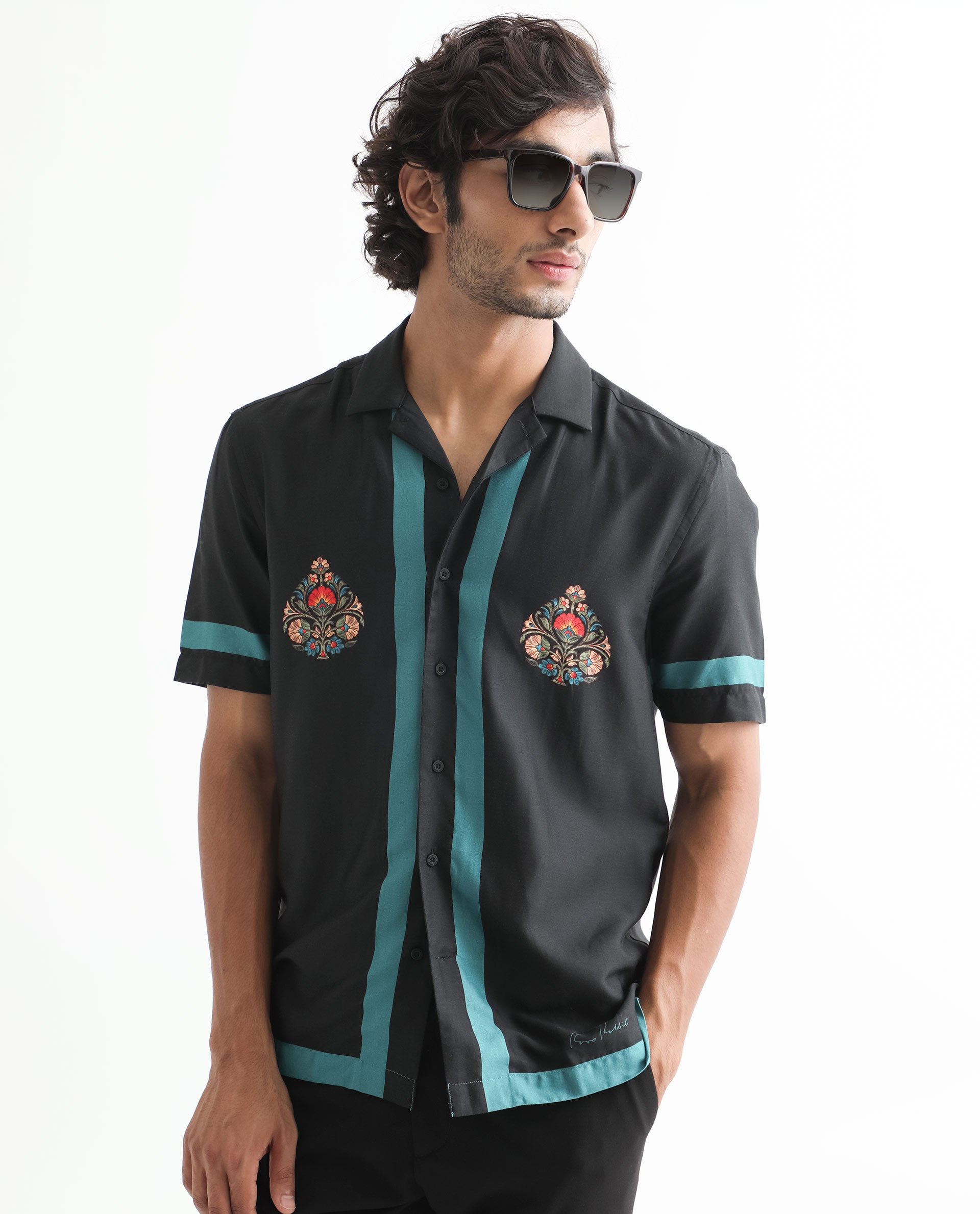 Rare Rabbit Men's Emble Black Modal Fabric Cuban Collar Floral Print Half Sleeves Contrasting Stiped Detail Shirt