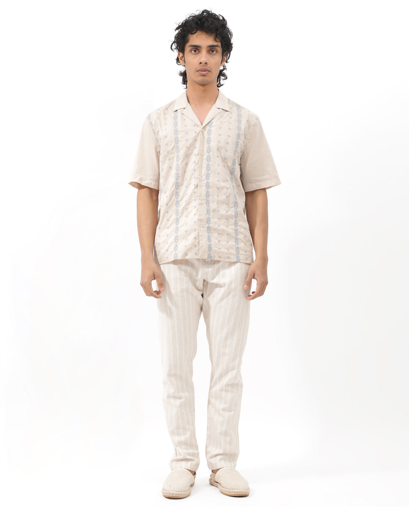 Rare Rabbit Men's Embomo Beige Short Sleeve Cuban Collar Embroidered Shirt