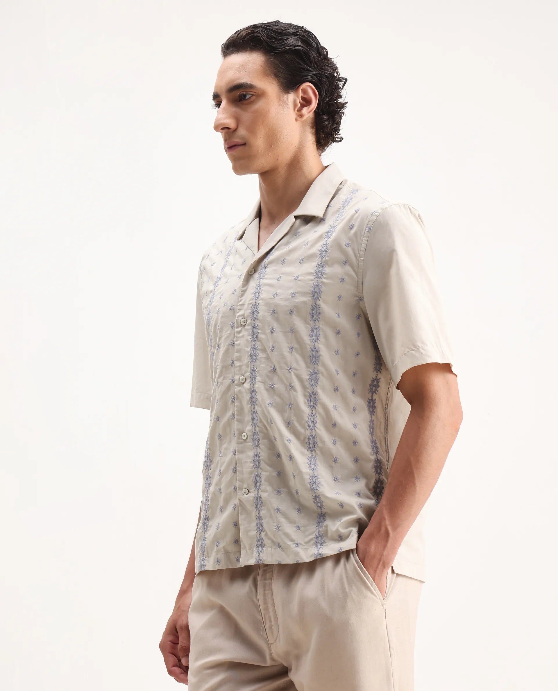 Rare Rabbit Men's Embomo Beige Cotton Embroidered Boxy Fit Half Sleeve Collared Shirt