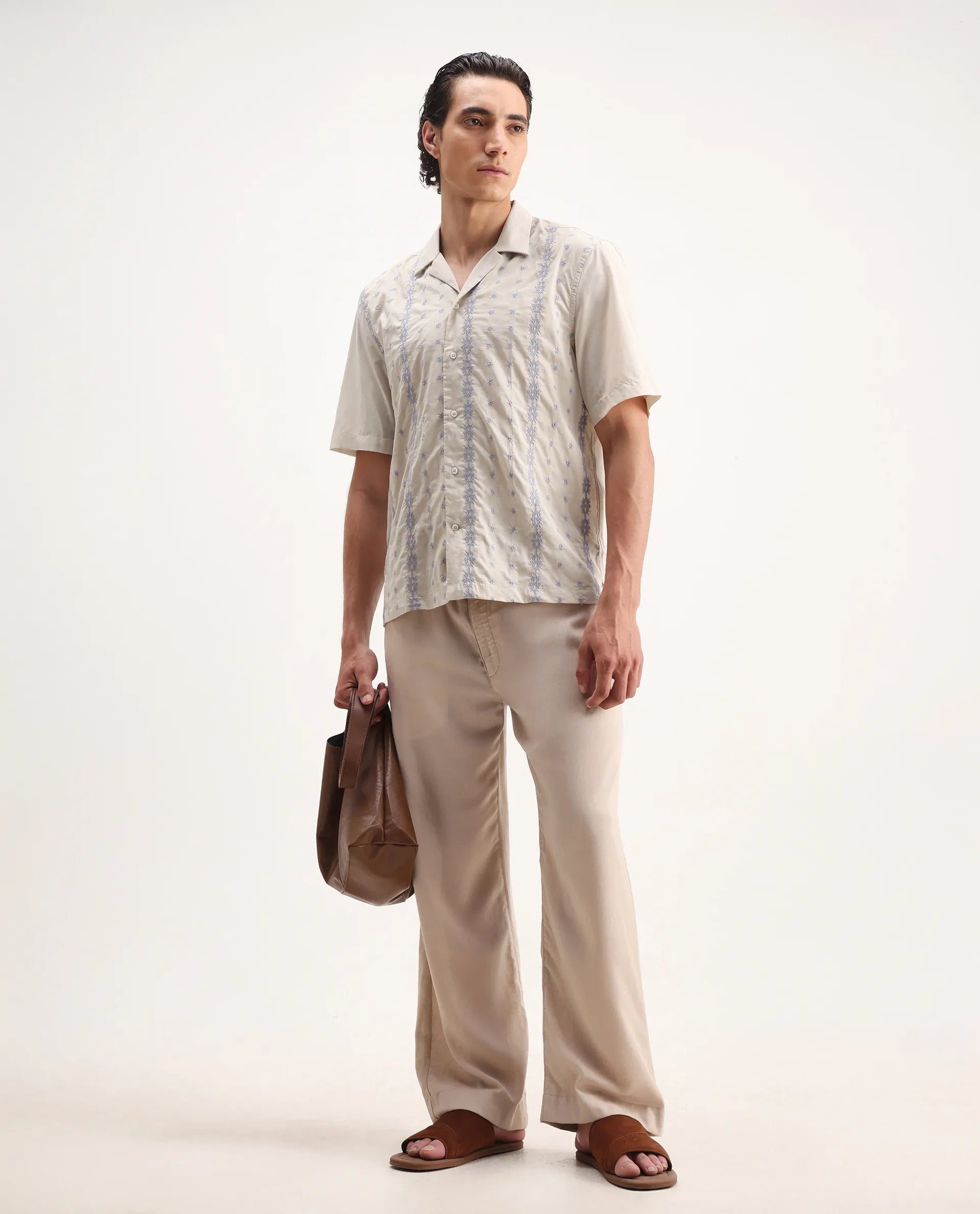 Rare Rabbit Men's Embomo Beige Cotton Embroidered Boxy Fit Half Sleeve Collared Shirt