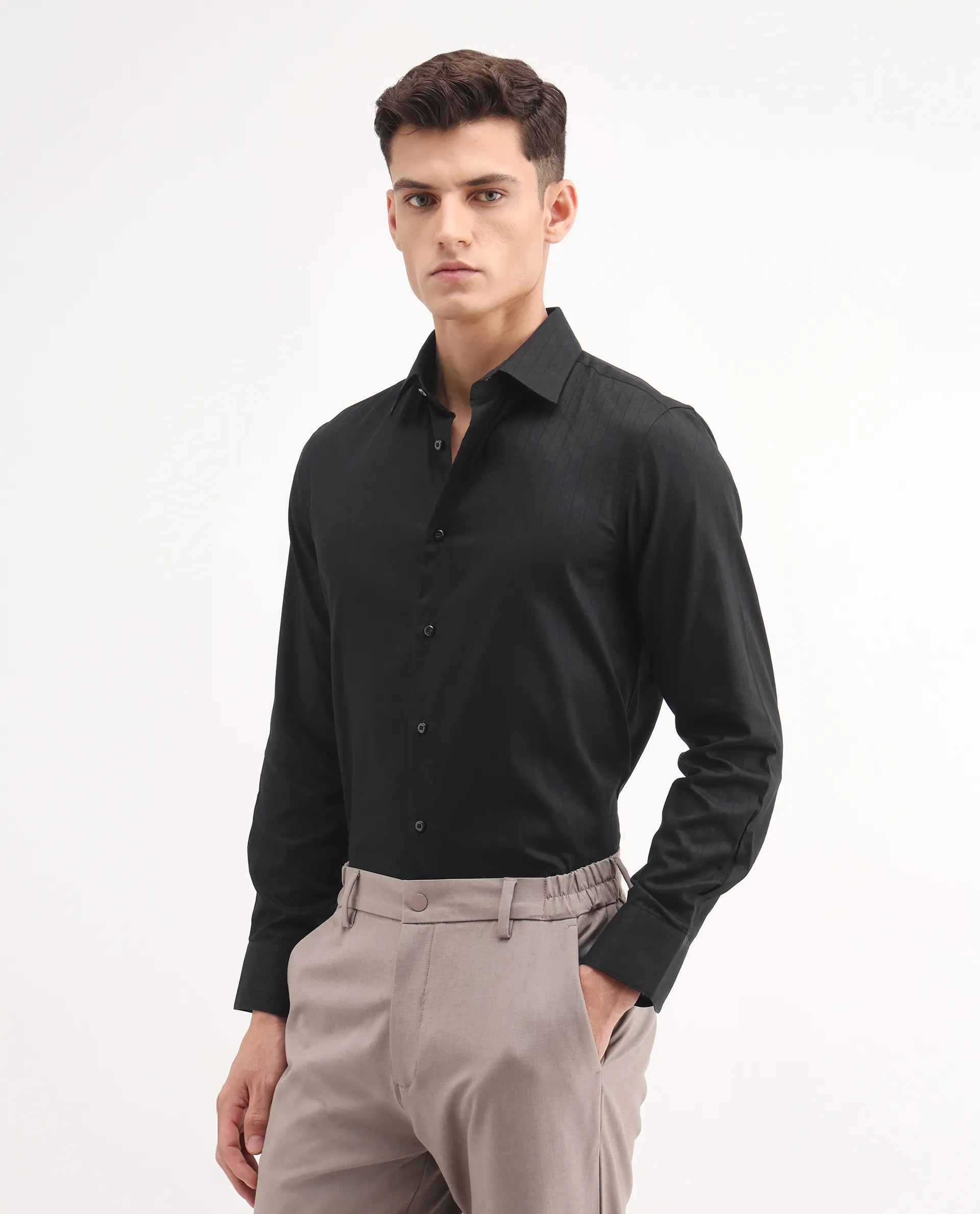 Rare Rabbit Men's Embon Black Cotton Jacquard Regular Fit Full Sleeve Collared Shirt