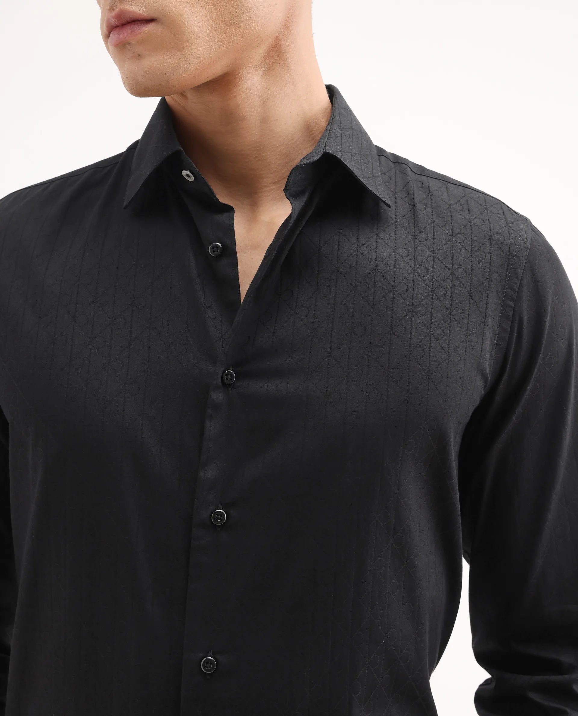Rare Rabbit Men's Embon Black Cotton Jacquard Regular Fit Full Sleeve Collared Shirt
