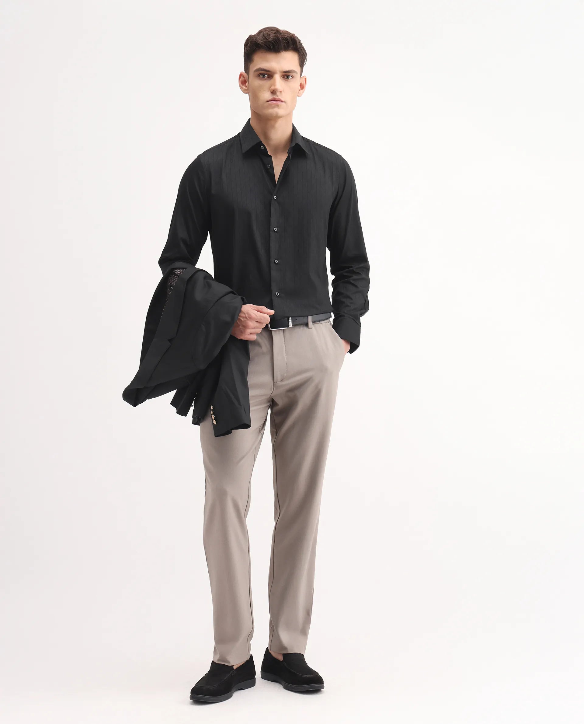 Rare Rabbit Men's Embon Black Cotton Jacquard Regular Fit Full Sleeve Collared Shirt