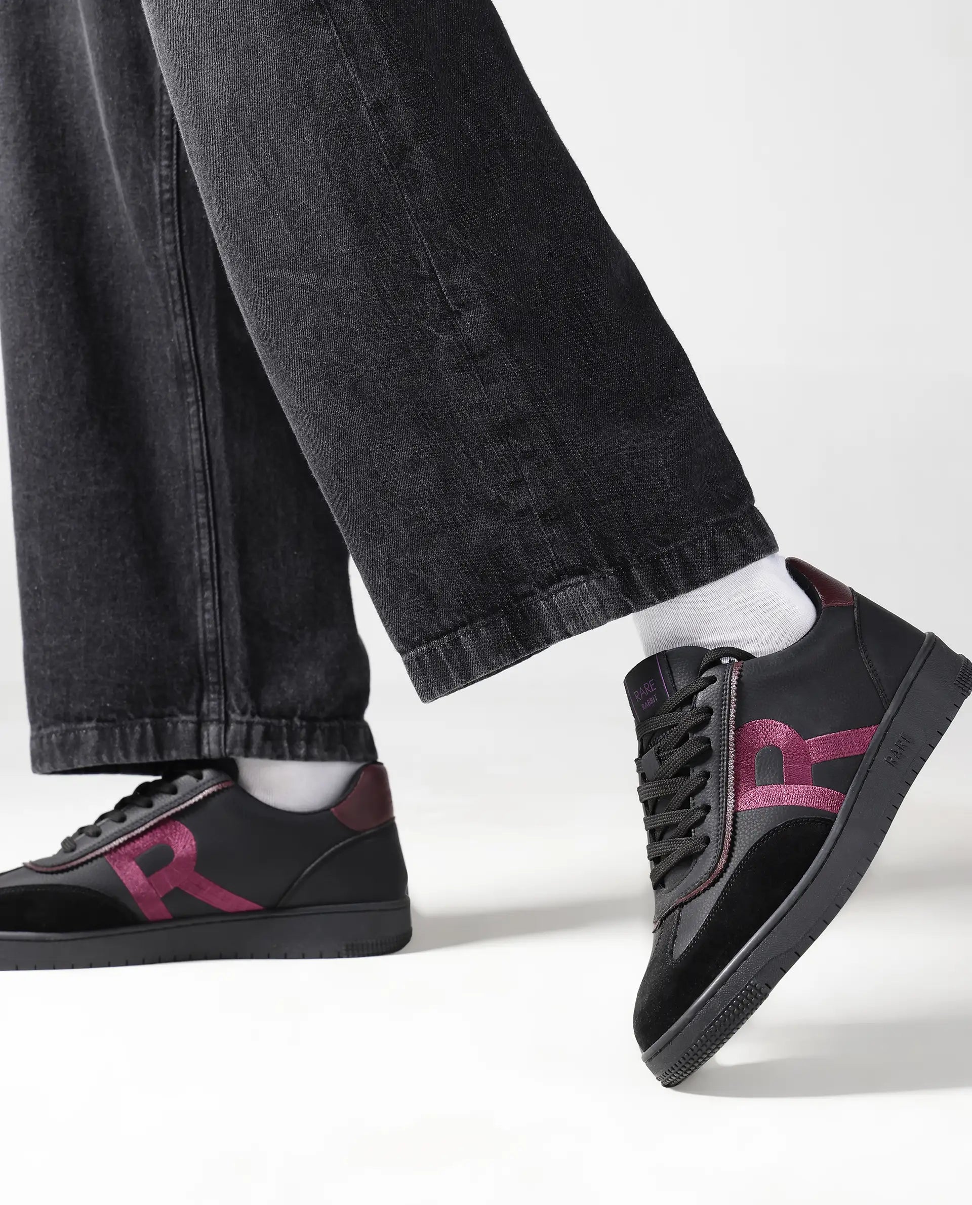 Rare Rabbit Men's Embroy Black Micro Leather Sneaker