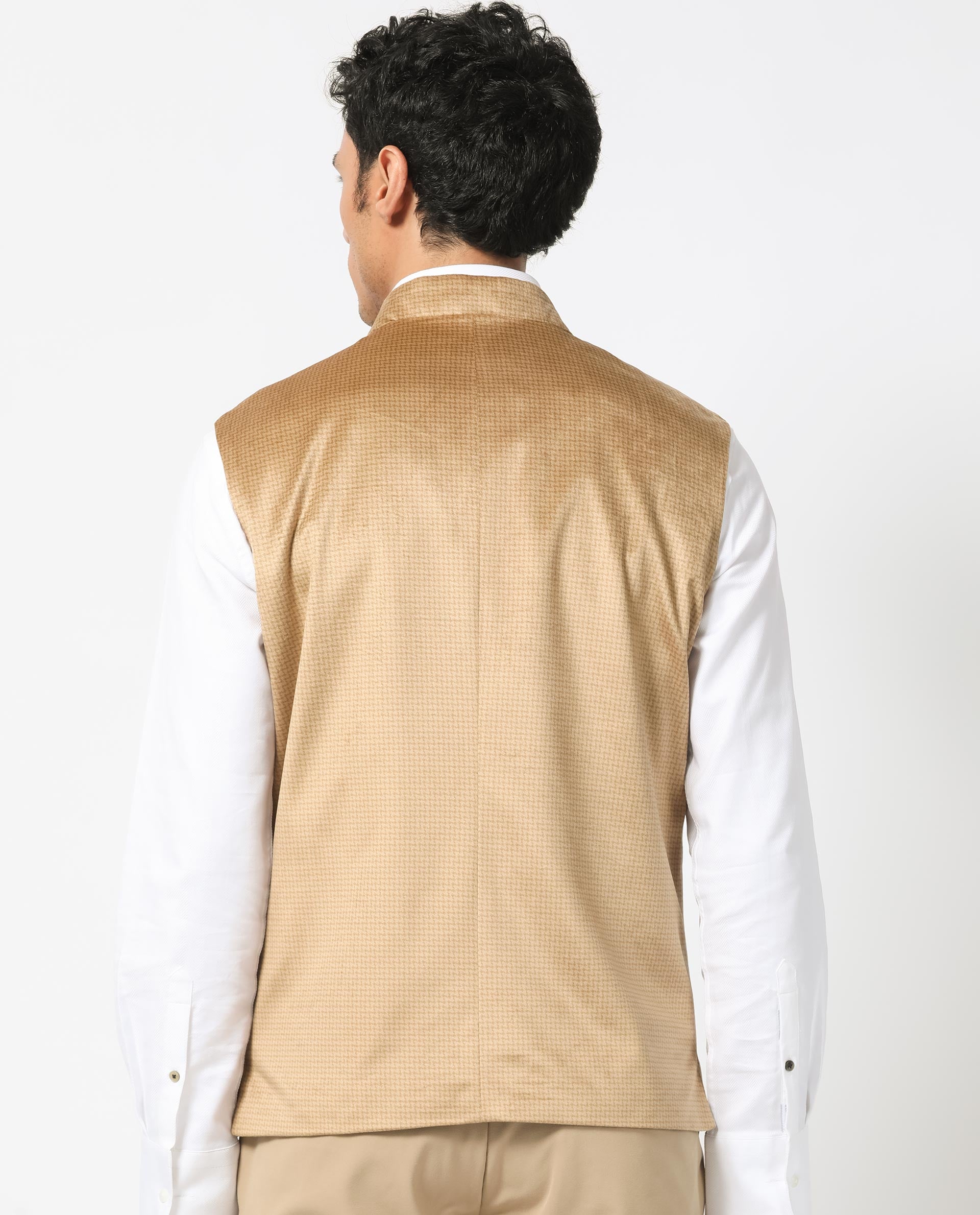 Rare Rabbit Men's Emerald Light Beige Mandarin Collar Sleeveless Textured Velvet Bandi