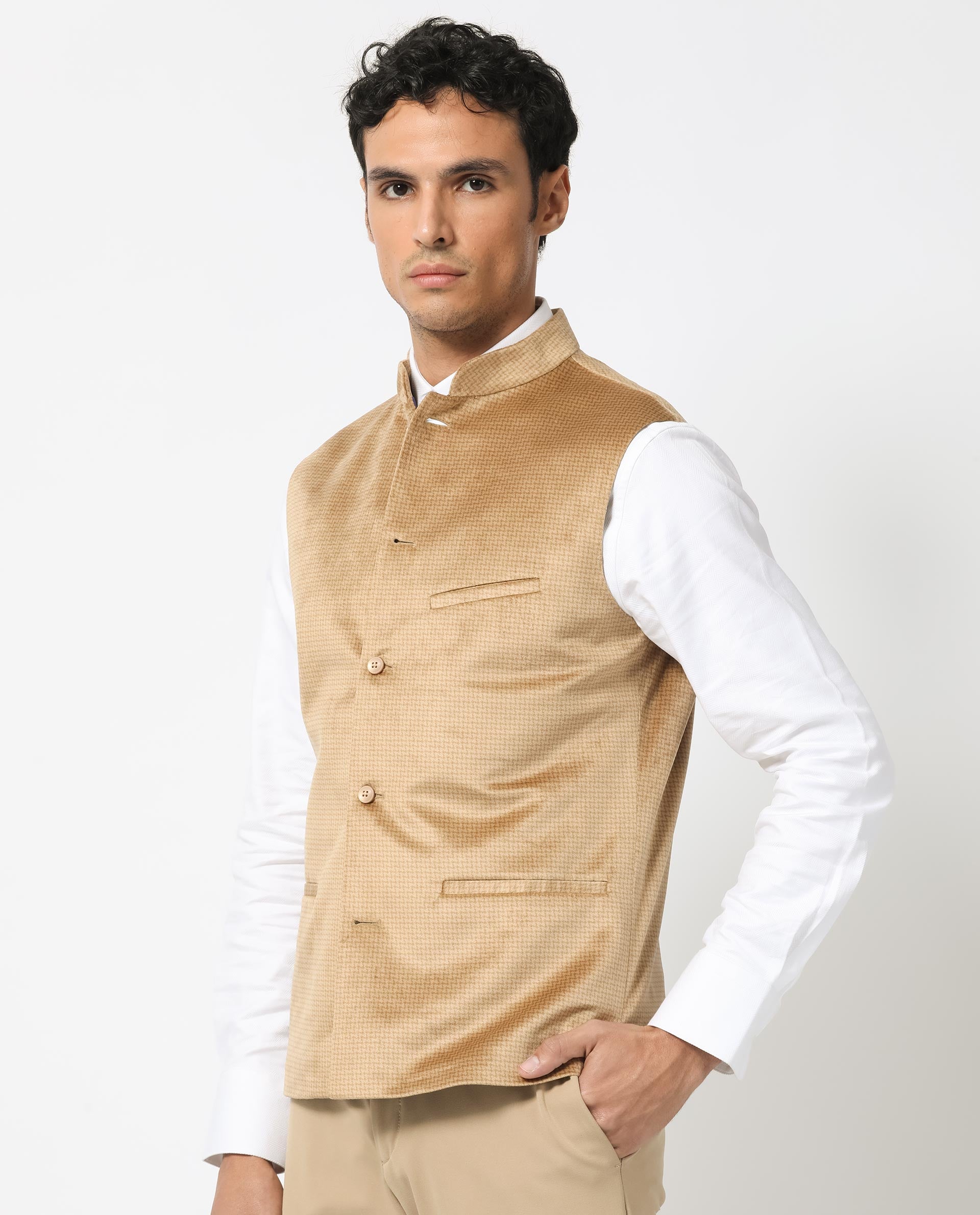 Rare Rabbit Men's Emerald Light Beige Mandarin Collar Sleeveless Textured Velvet Bandi