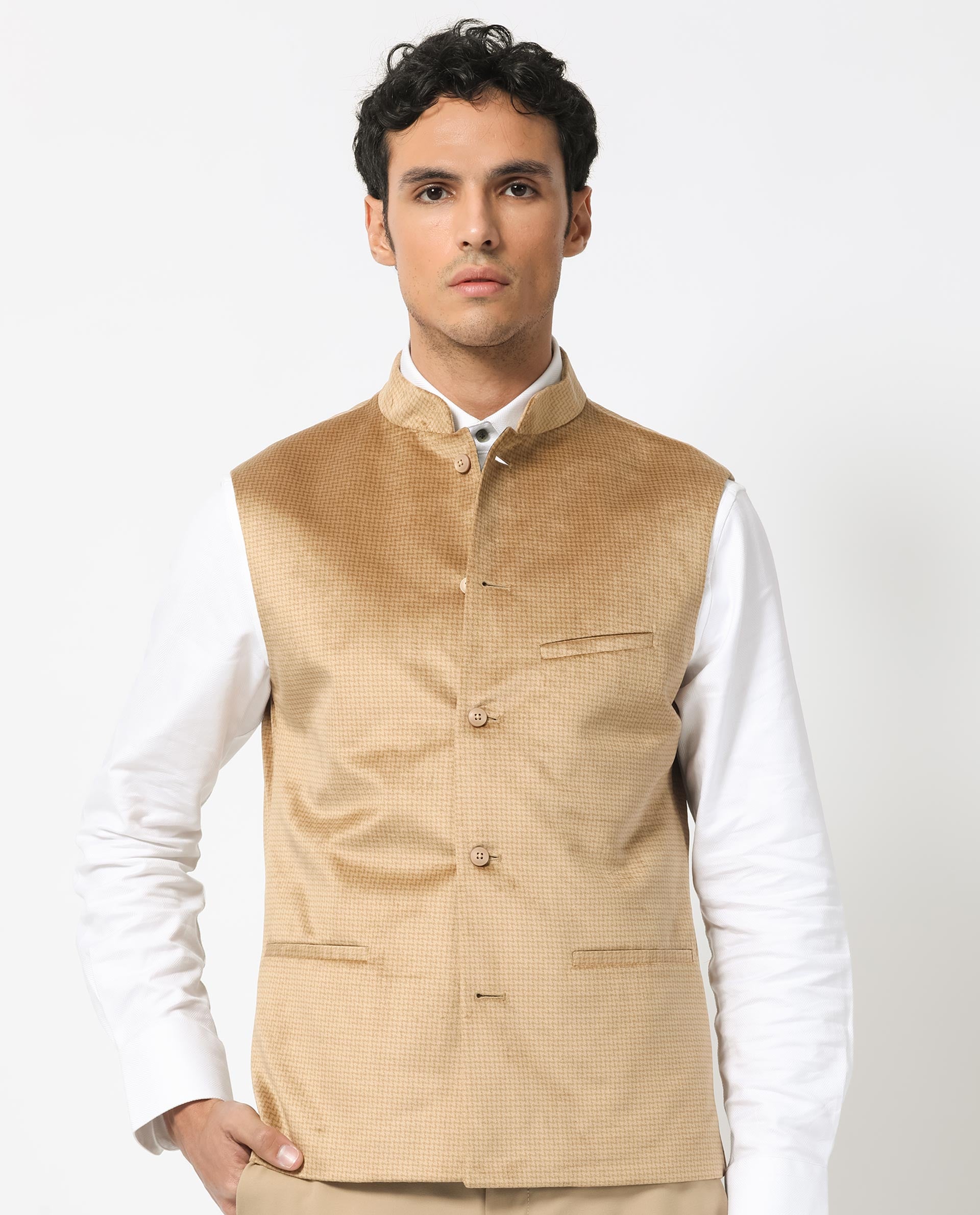 Rare Rabbit Men's Emerald Light Beige Mandarin Collar Sleeveless Textured Velvet Bandi