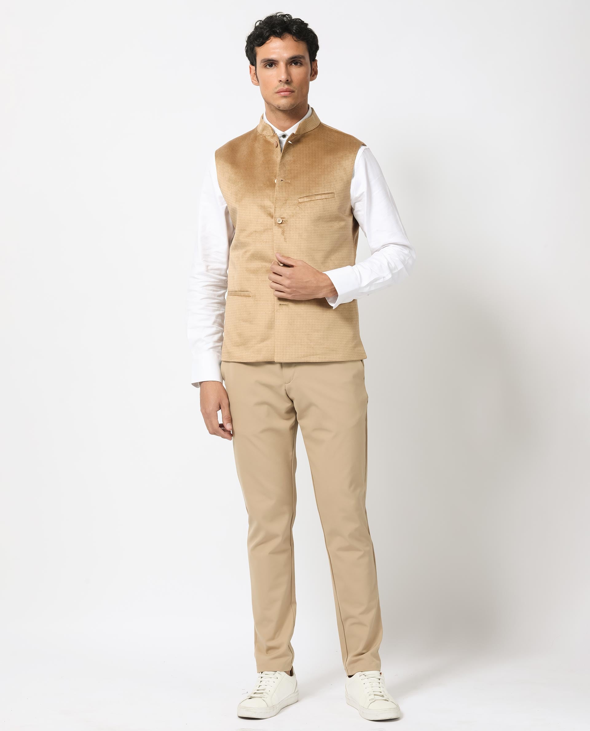 Rare Rabbit Men's Emerald Light Beige Mandarin Collar Sleeveless Textured Velvet Bandi