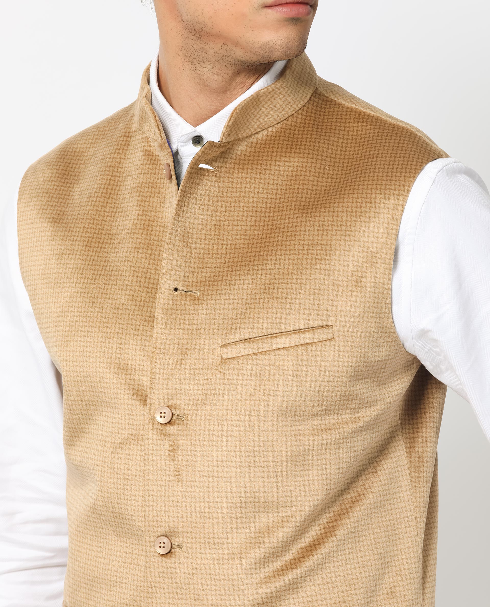 Rare Rabbit Men's Emerald Light Beige Mandarin Collar Sleeveless Textured Velvet Bandi