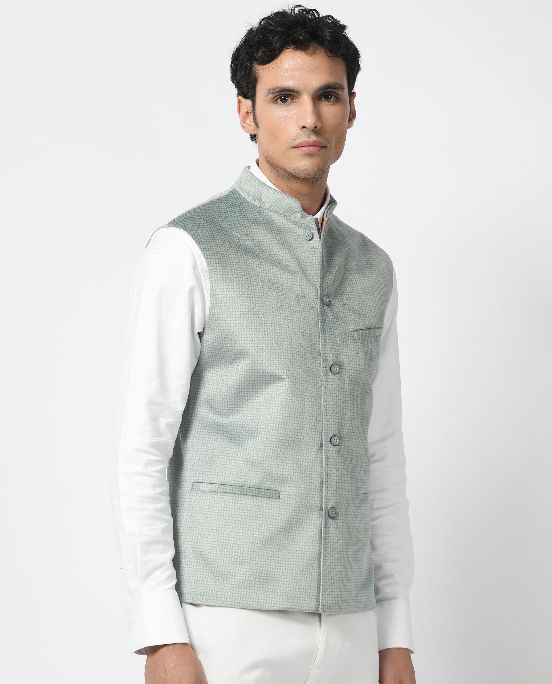 Rare Rabbit Men's Emerald Light Blue Mandarin Collar Sleeveless Textured Velvet Bandi