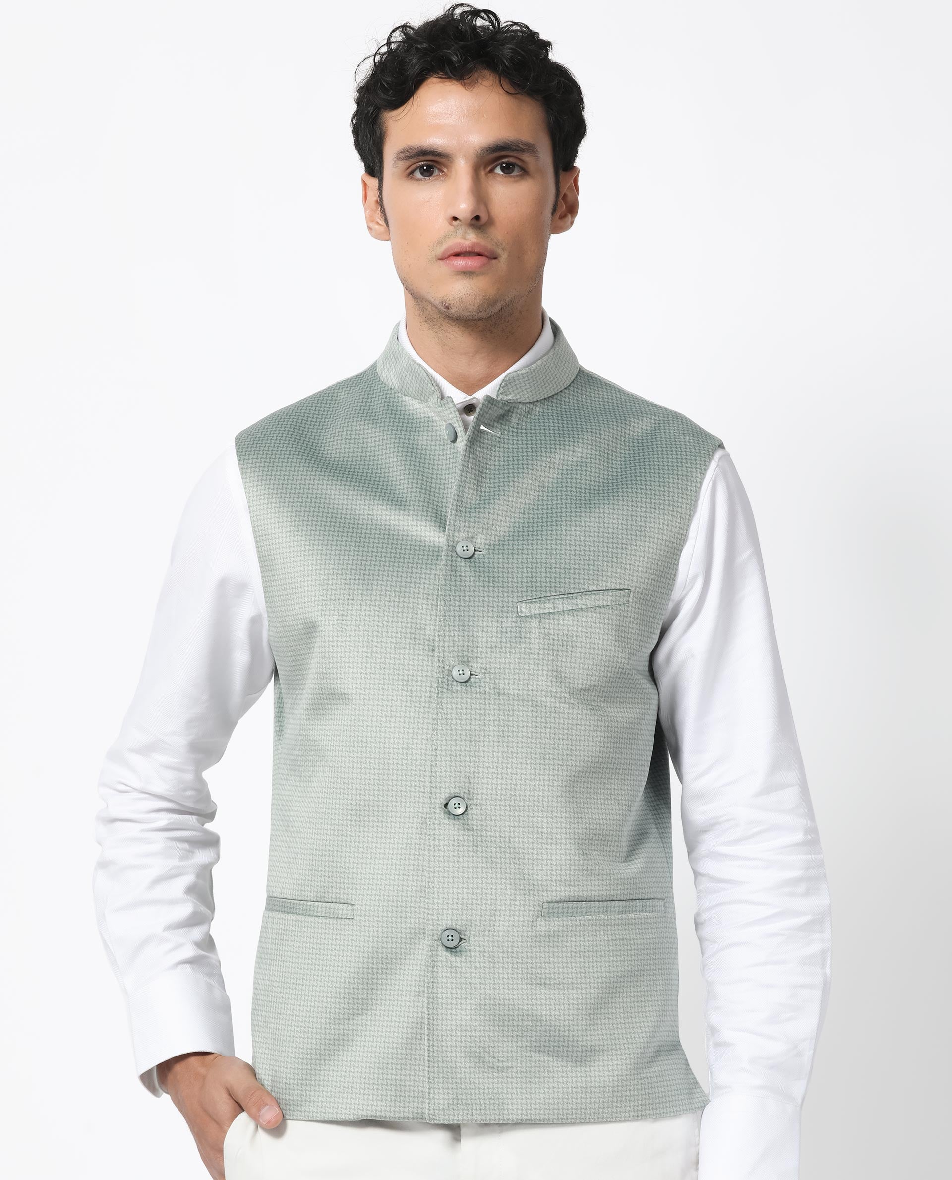 Rare Rabbit Men's Emerald Light Blue Mandarin Collar Sleeveless Textured Velvet Bandi