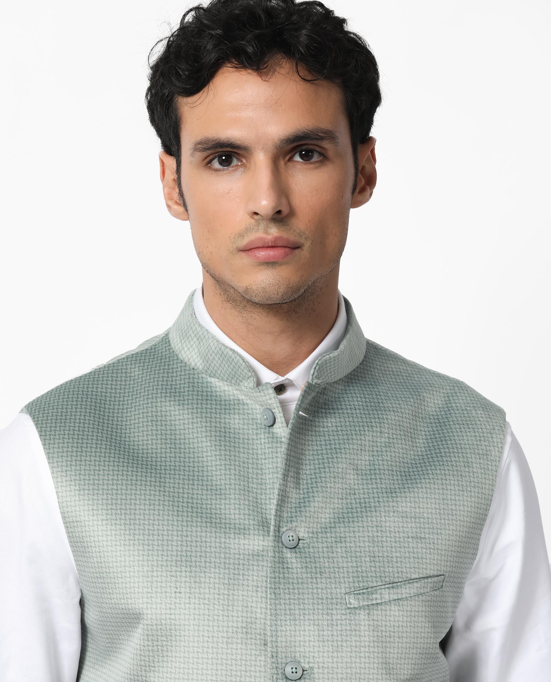 Rare Rabbit Men's Emerald Light Blue Mandarin Collar Sleeveless Textured Velvet Bandi