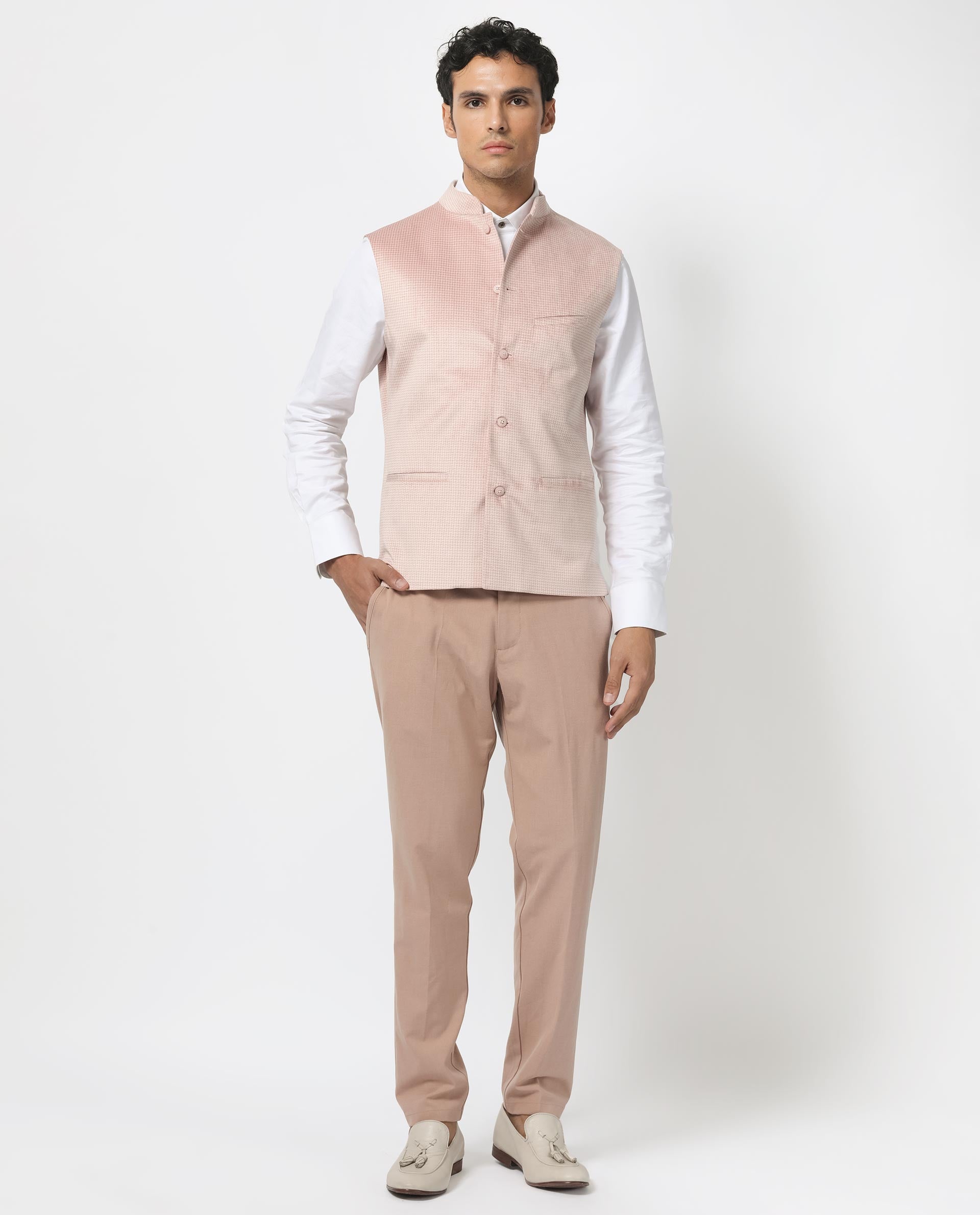 Rare Rabbit Men's Emerald Light Pink Mandarin Collar Sleeveless Textured Velvet Bandi