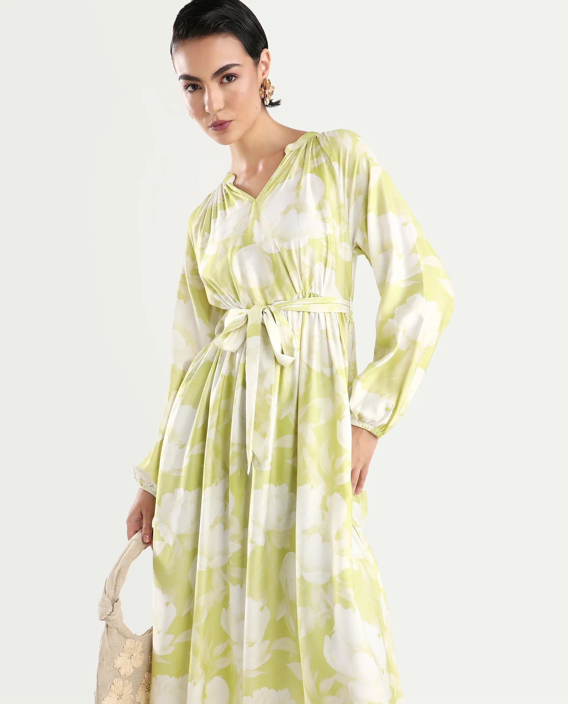 Rareism Women's Emil Green Cotton Mandarin Collar Floral Print Raglan Sleeve Maxi Fit And Flare Dress