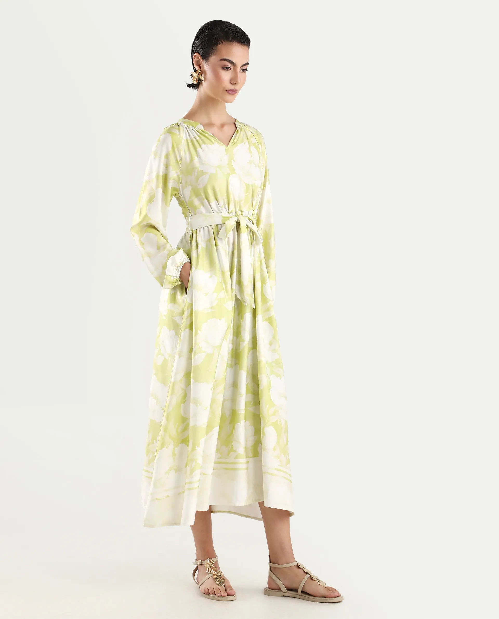 Rareism Women's Emil Green Cotton Mandarin Collar Floral Print Raglan Sleeve Maxi Fit And Flare Dress