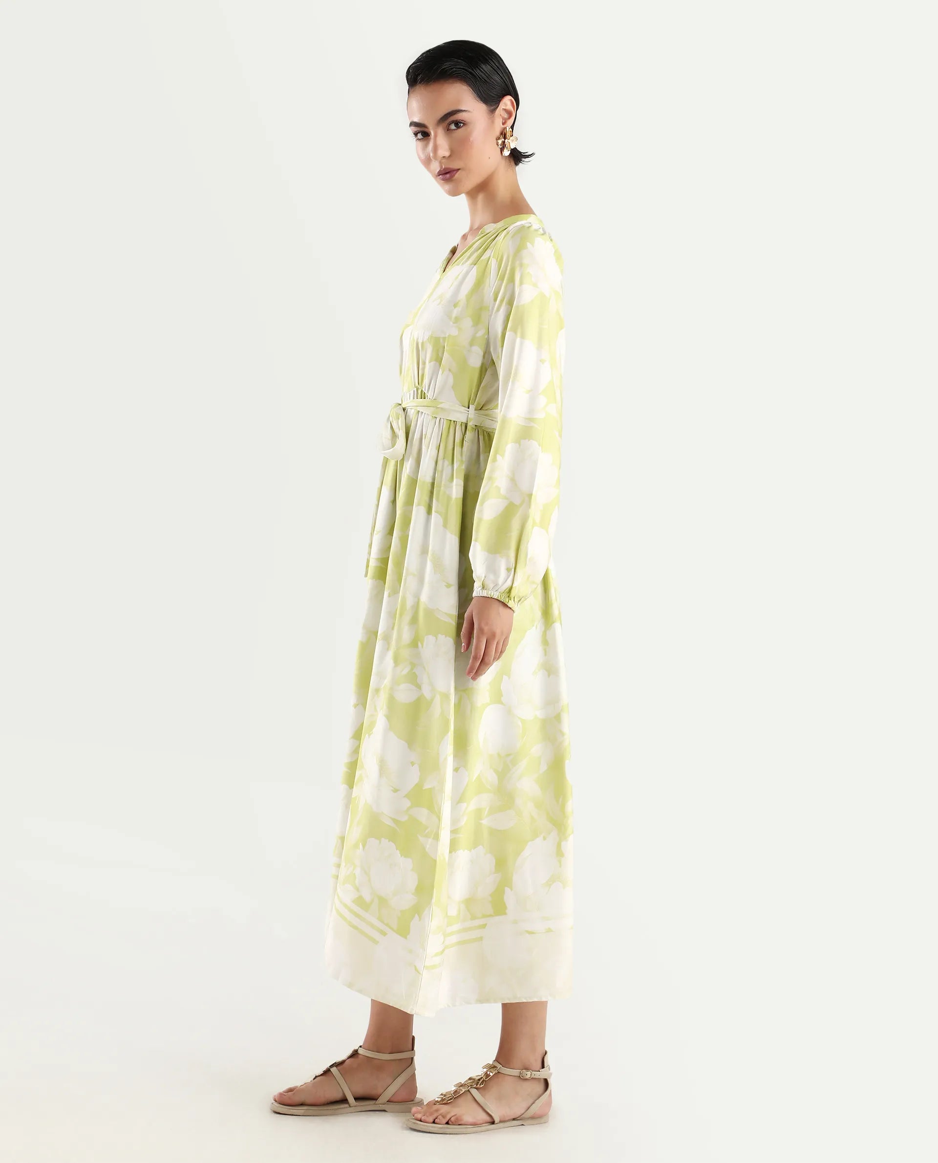 Rareism Women's Emil Green Cotton Mandarin Collar Floral Print Raglan Sleeve Maxi Fit And Flare Dress