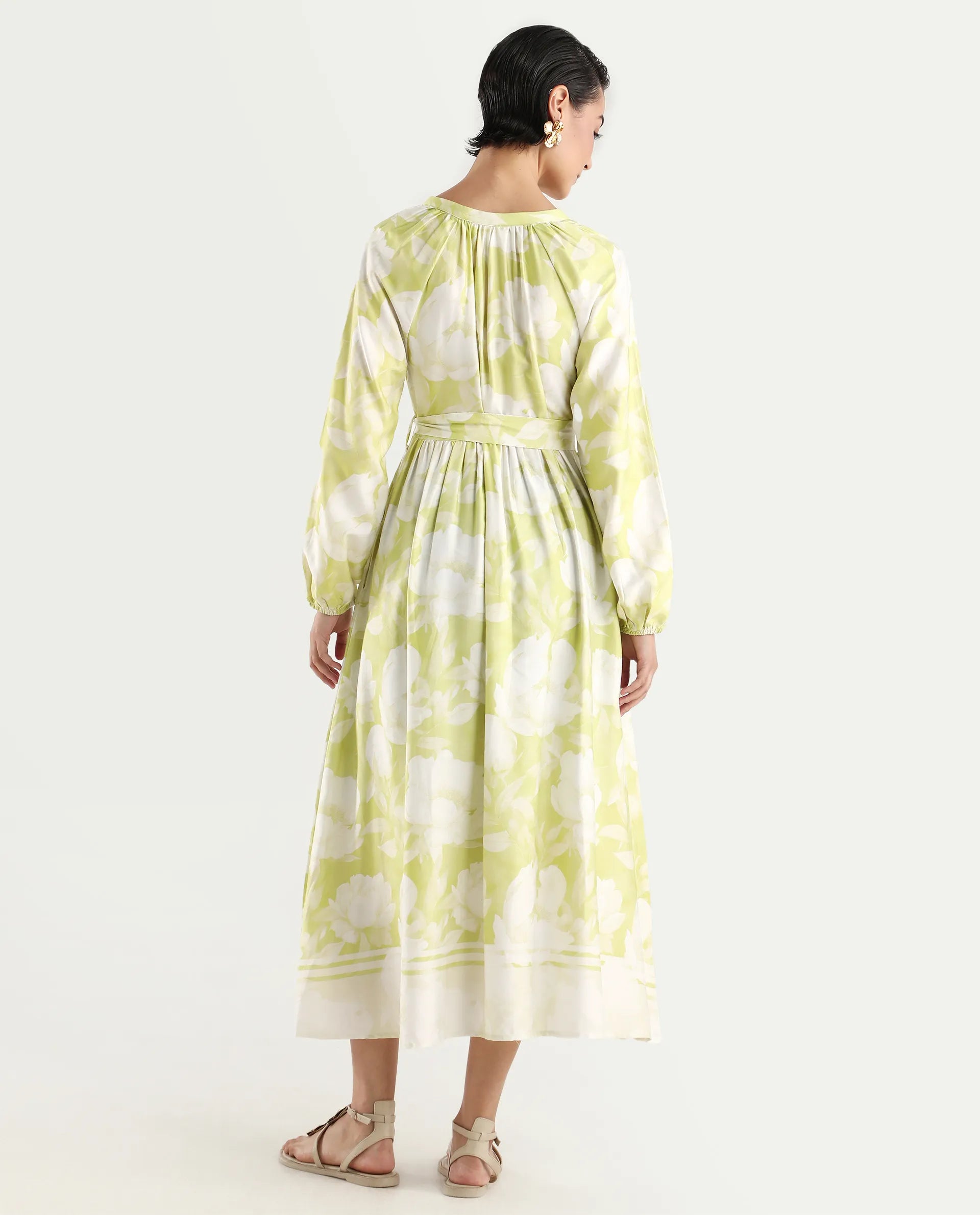 Rareism Women's Emil Green Cotton Mandarin Collar Floral Print Raglan Sleeve Maxi Fit And Flare Dress