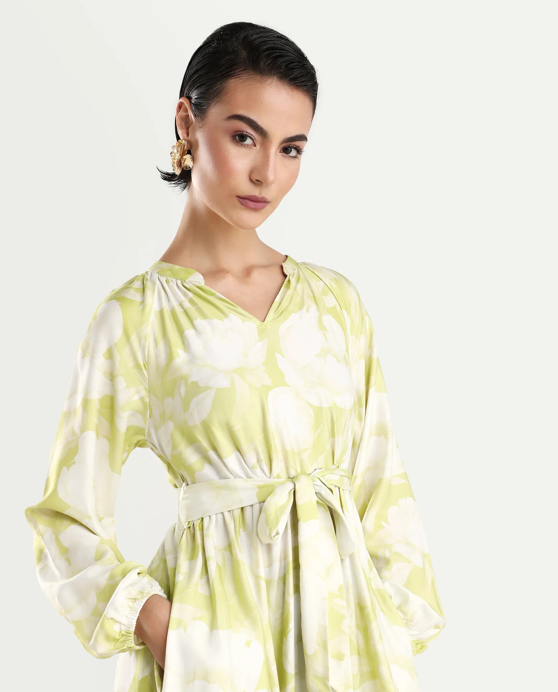 Rareism Women's Emil Green Cotton Mandarin Collar Floral Print Raglan Sleeve Maxi Fit And Flare Dress