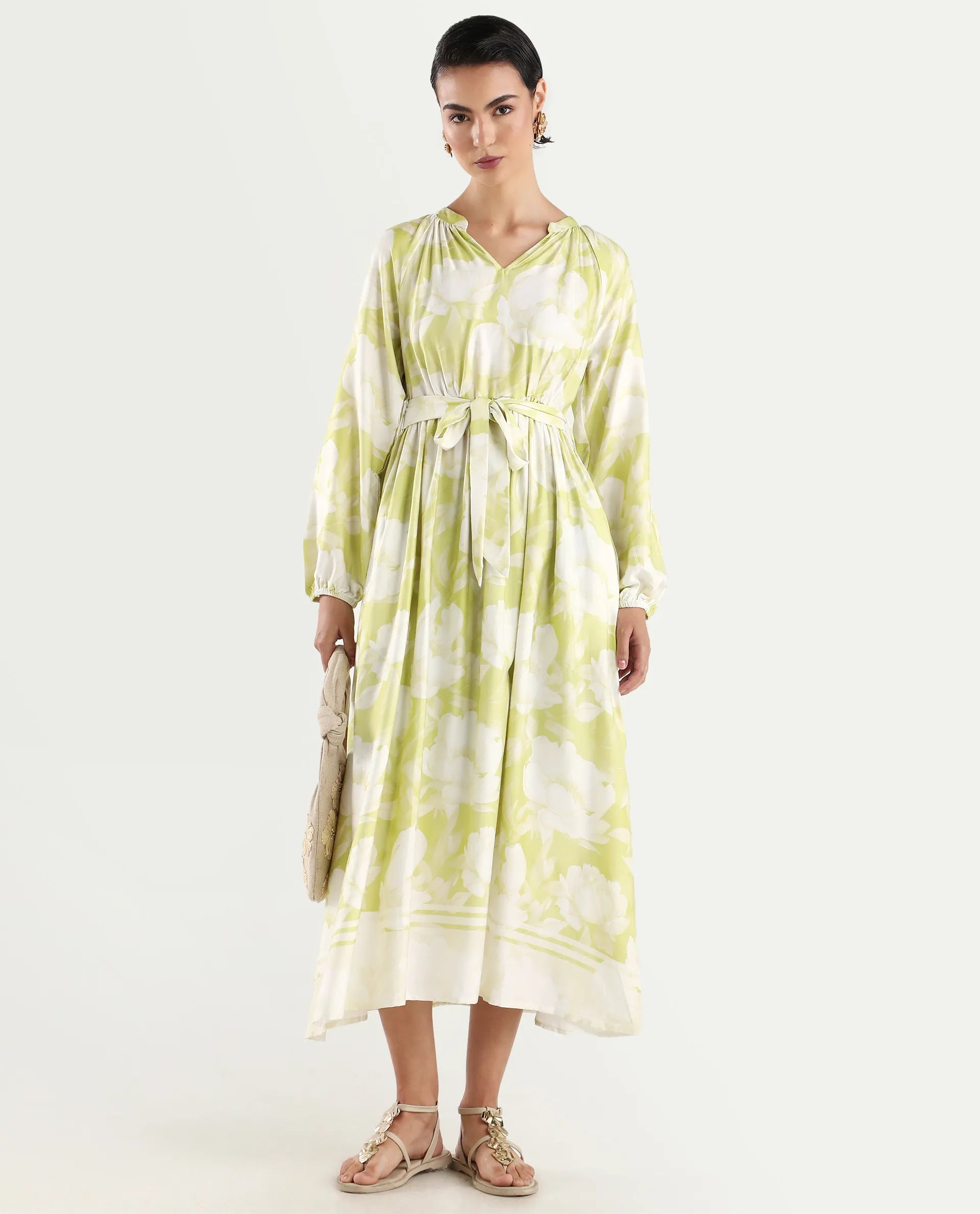 Rareism Women's Emil Green Cotton Mandarin Collar Floral Print Raglan Sleeve Maxi Fit And Flare Dress