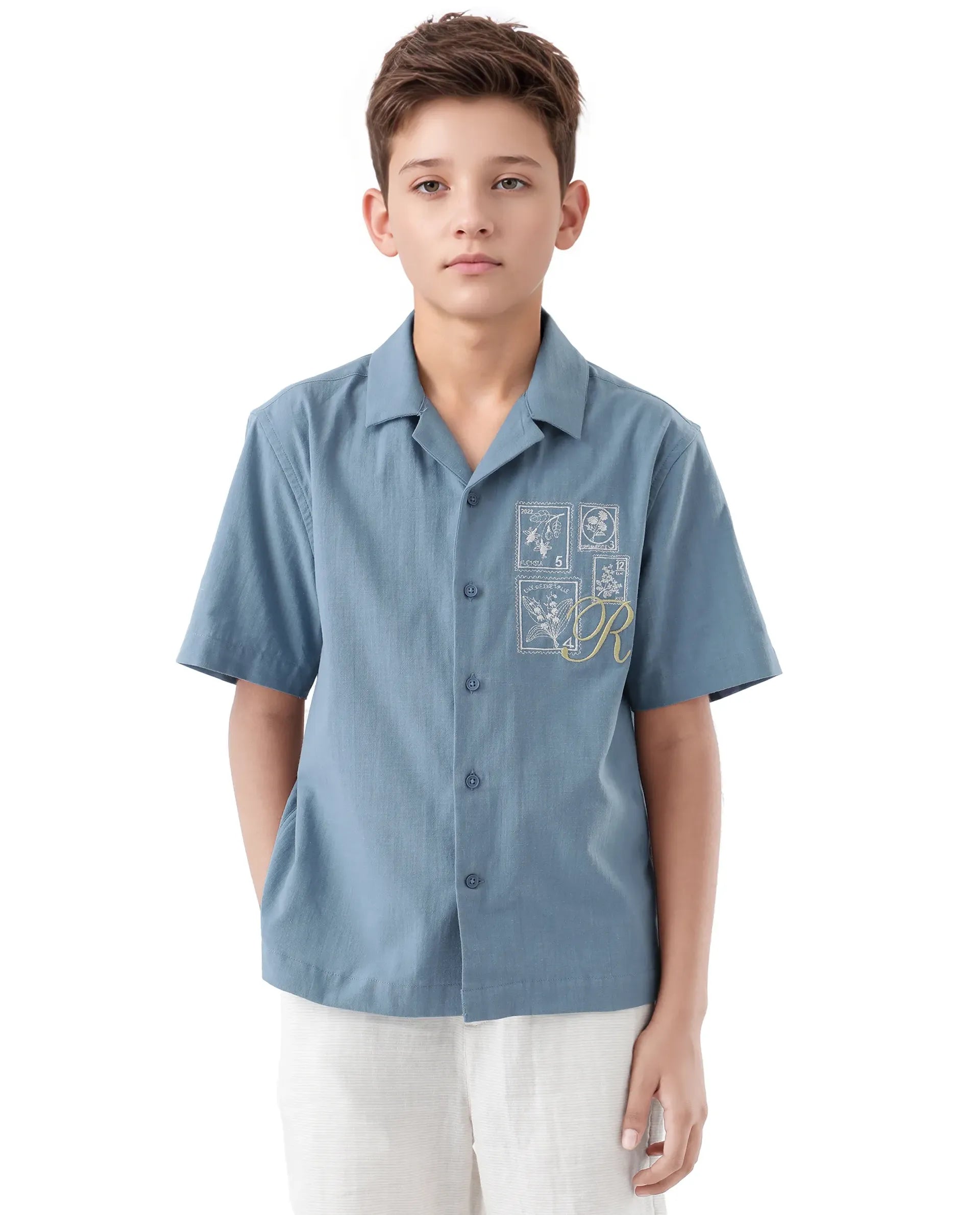 Rare Ones Kids Emma Dusky Blue Cotton Half Sleeve Button Embroidered Regular Fit Shirt