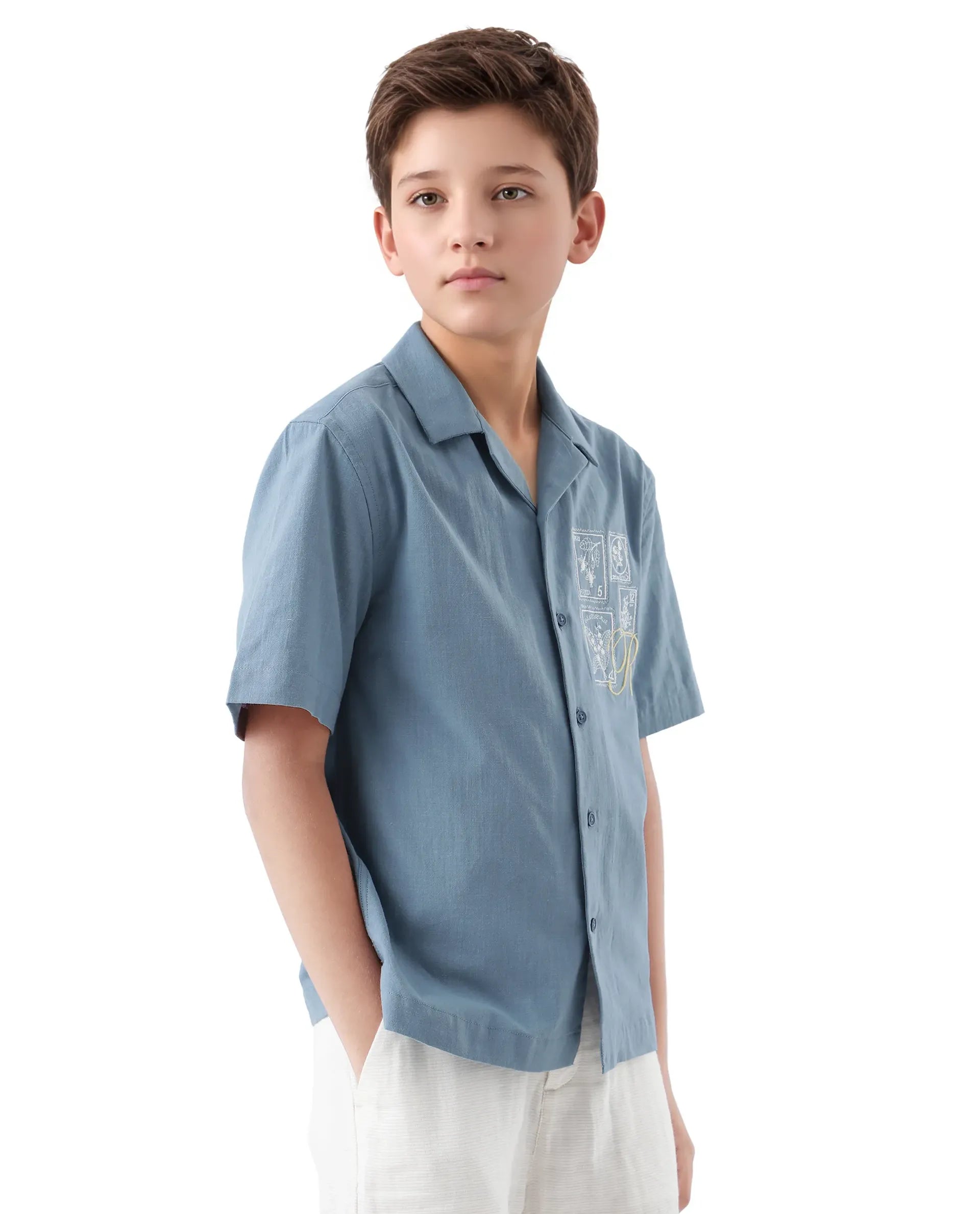 Rare Ones Kids Emma Dusky Blue Cotton Half Sleeve Button Embroidered Regular Fit Shirt