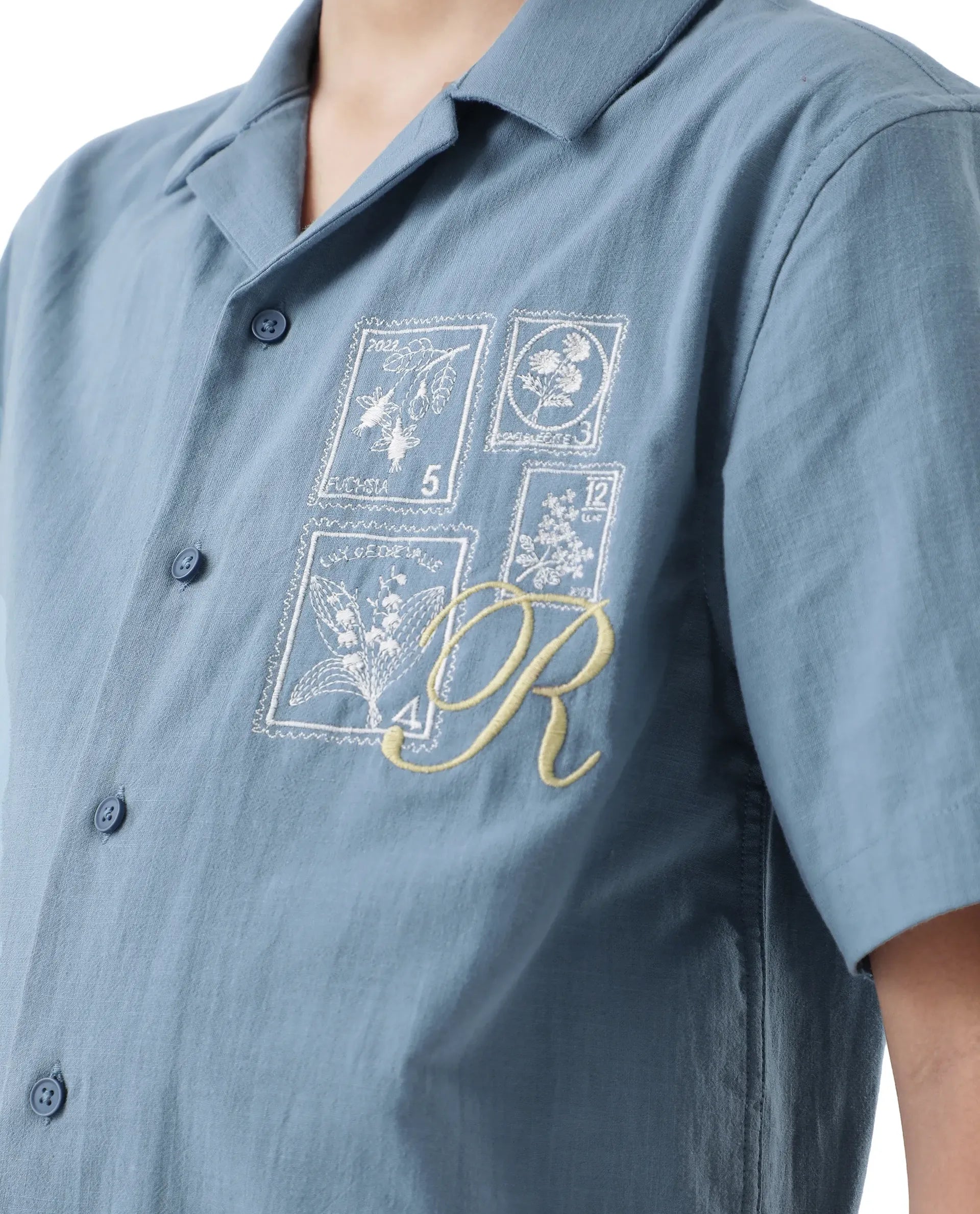 Rare Ones Kids Emma Dusky Blue Cotton Half Sleeve Button Embroidered Regular Fit Shirt