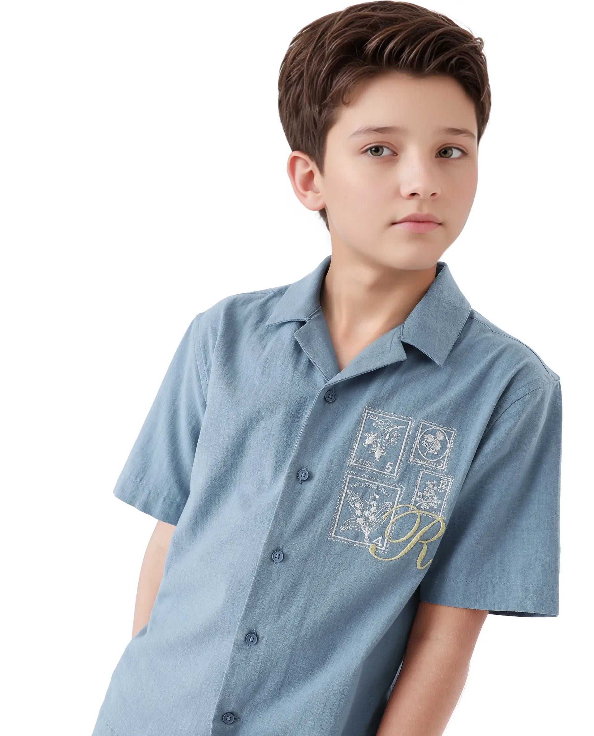 Rare Ones Kids Emma Dusky Blue Cotton Half Sleeve Button Embroidered Regular Fit Shirt