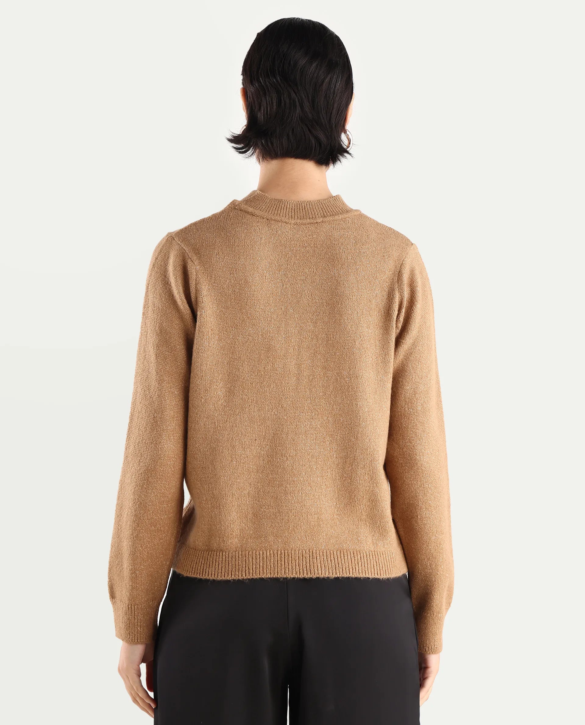 Rareism Women's Emm Camel Acrylic Crew Neck Plain Regular Fit Sweater
