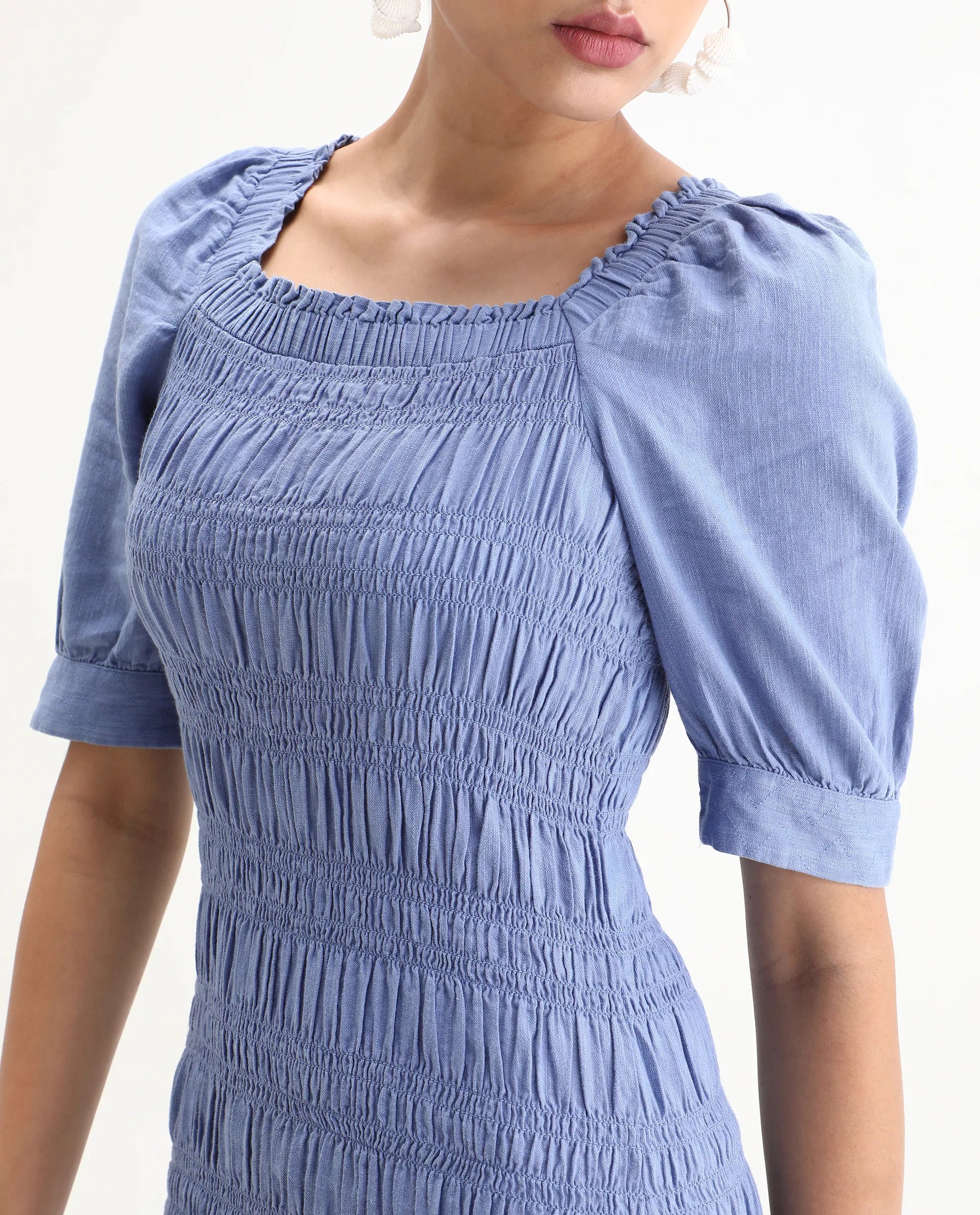 Rareism Women's Emmo Blue Cotton Blend Tube Neck Plain Puff Sleeves Knee Length Regular Fit Dress