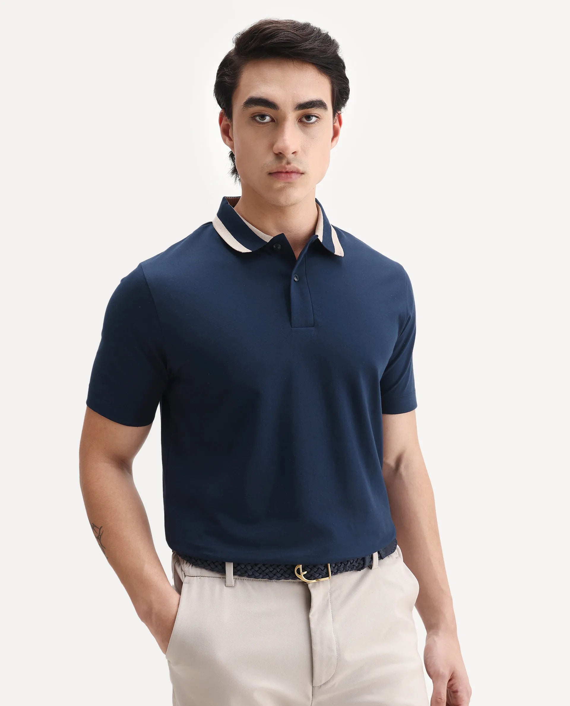 Rare Rabbit Men's Emor Dark Navy Cotton Fabric Half Sleeve Spread Collar Plain Polo