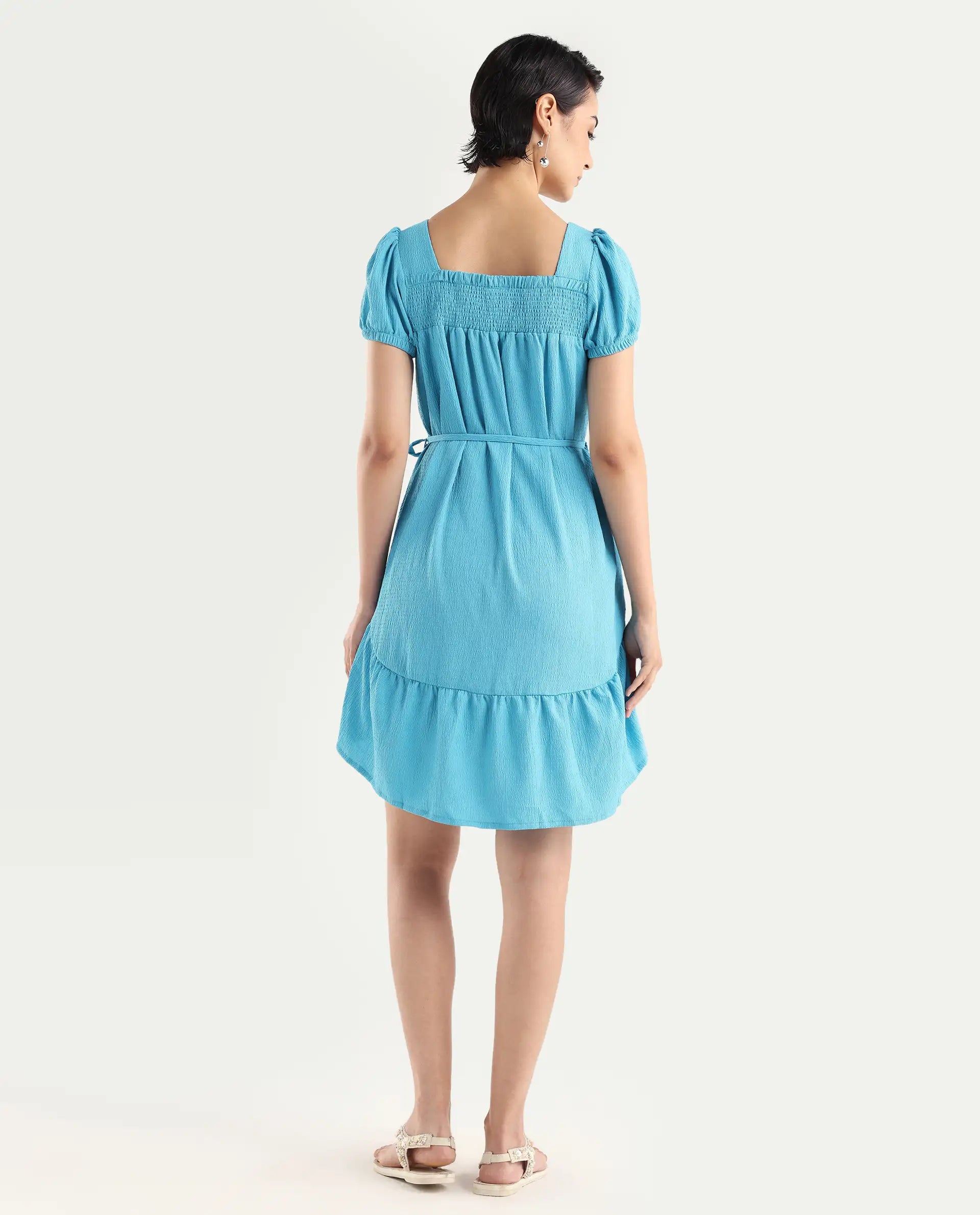 Rareism Women's Empress Blue Viscose Square Neck Plain Puff Sleeves Knee Length Regular Fit Dress