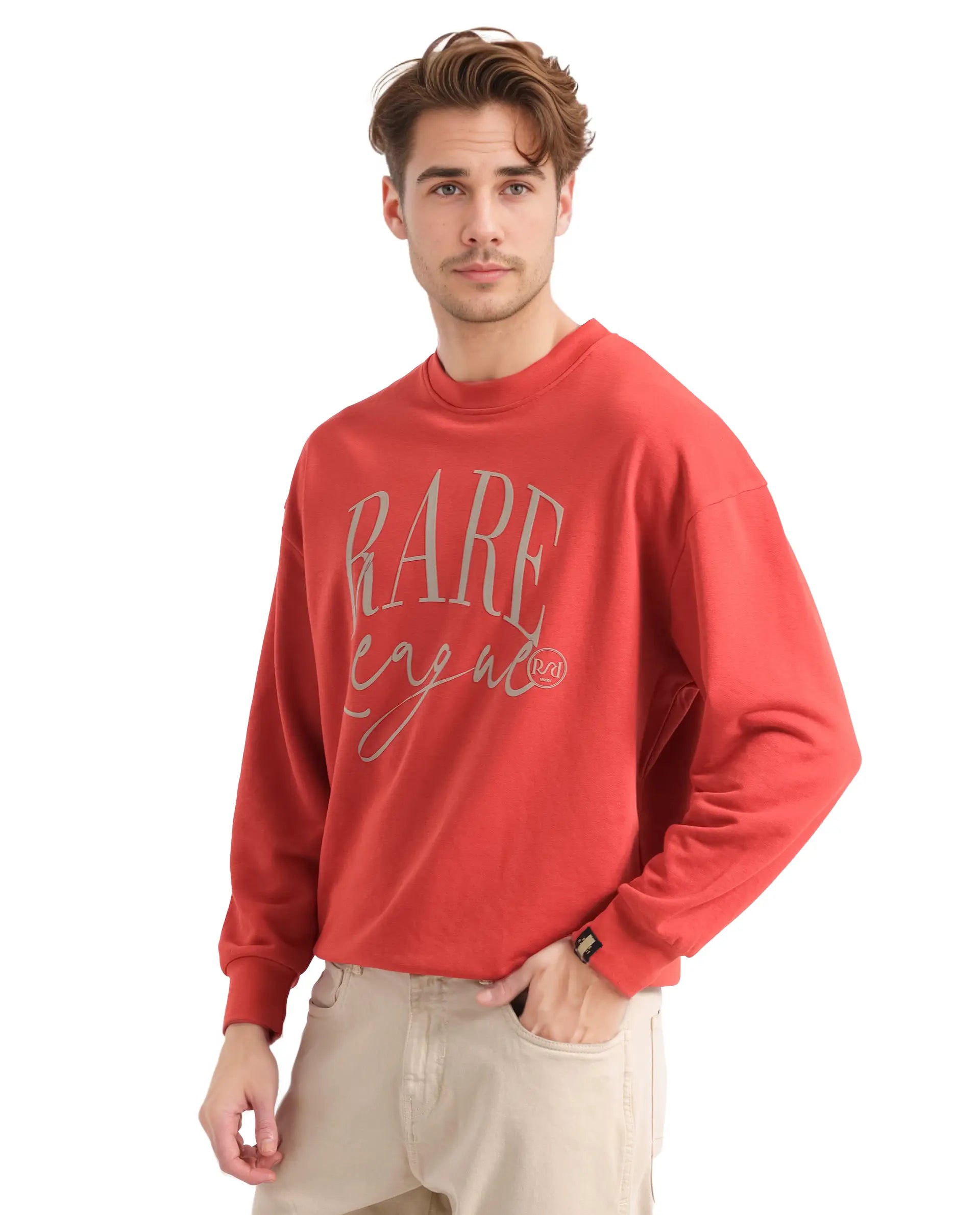 Rare Rabbit Men's Emro Orange Cotton Blend Fabric Full Sleeve Crew Neck Boxy Fit Printed Sweatshirt