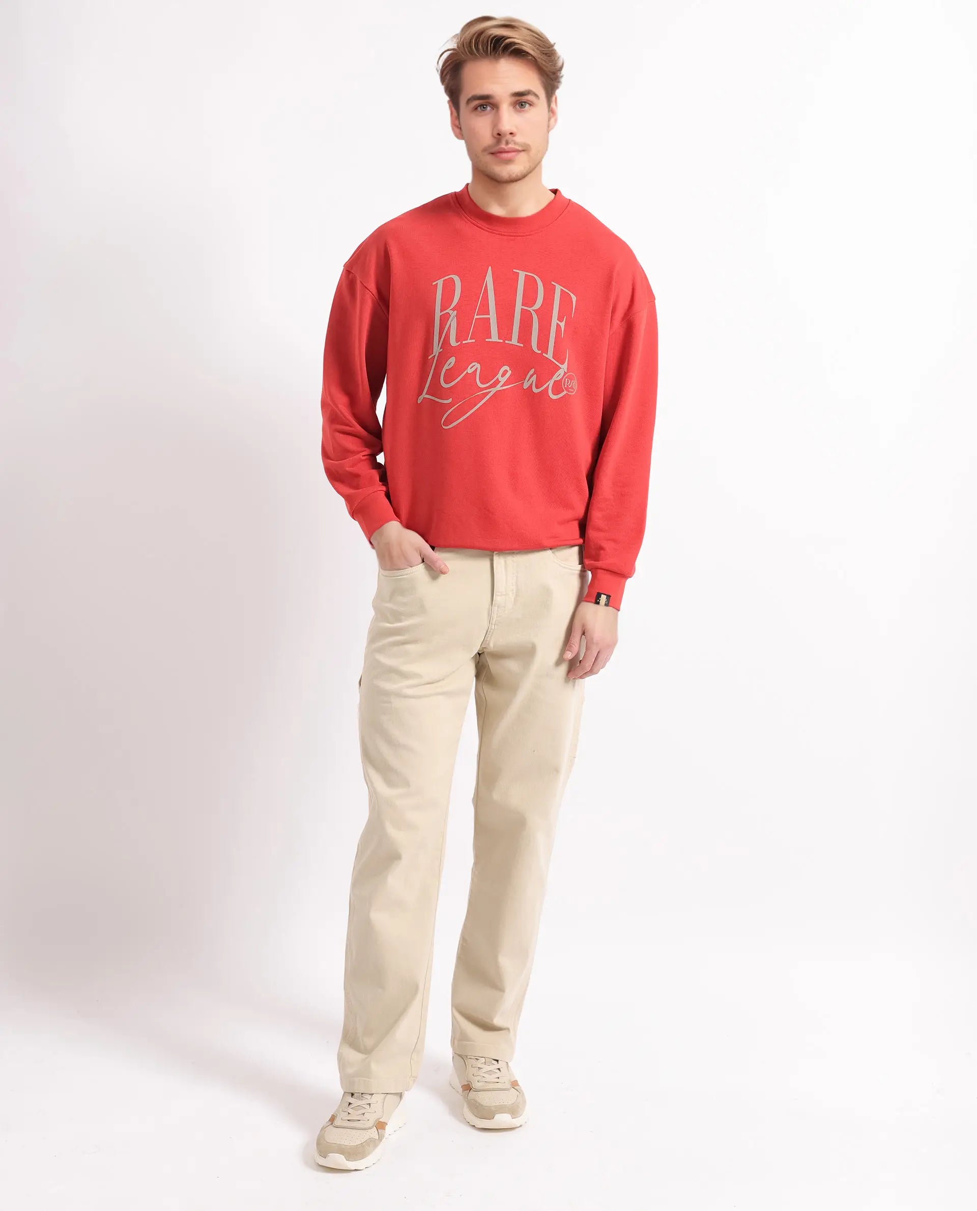 Rare Rabbit Men's Emro Orange Cotton Blend Fabric Full Sleeve Crew Neck Boxy Fit Printed Sweatshirt