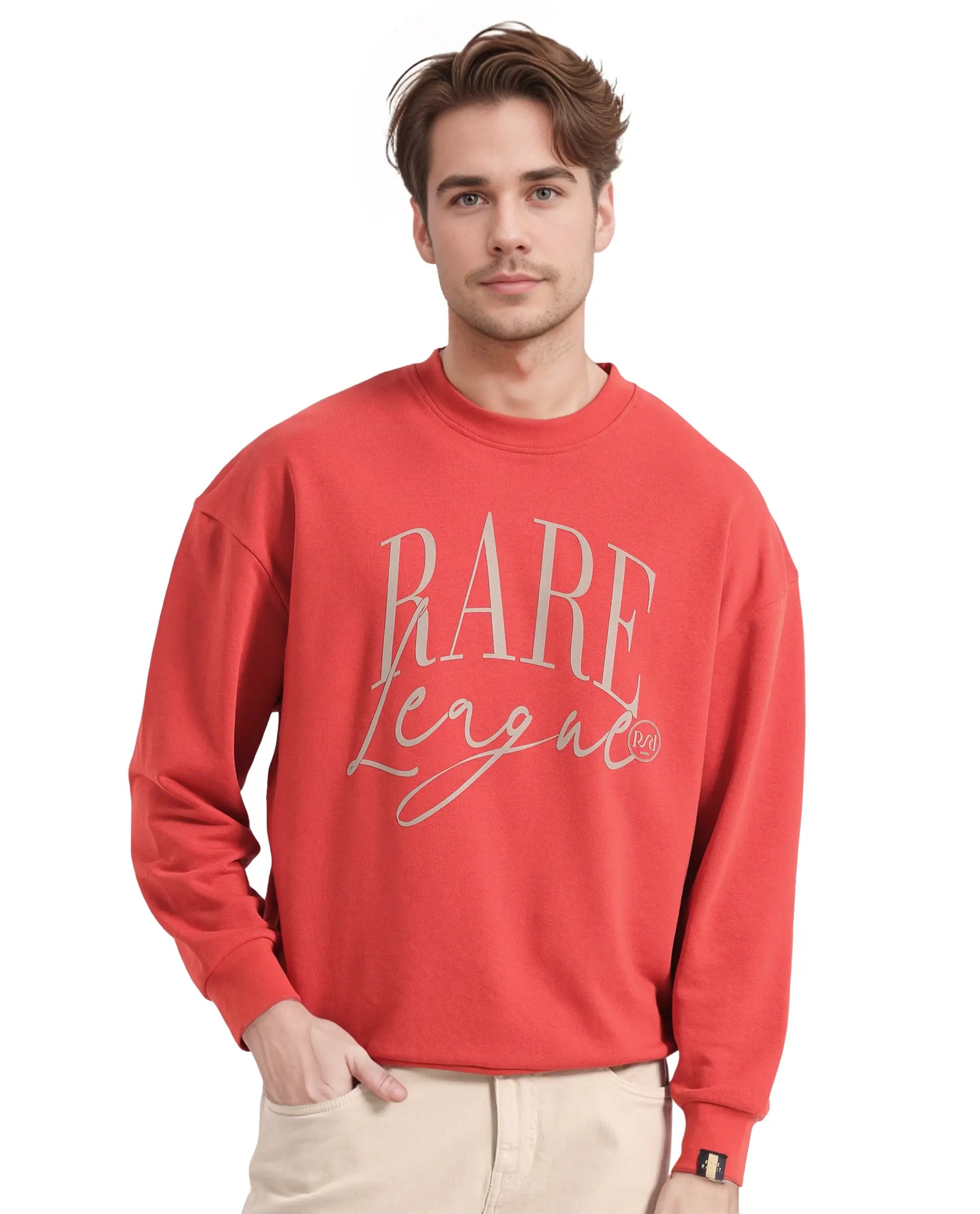 Rare Rabbit Men's Emro Orange Cotton Blend Fabric Full Sleeve Crew Neck Boxy Fit Printed Sweatshirt