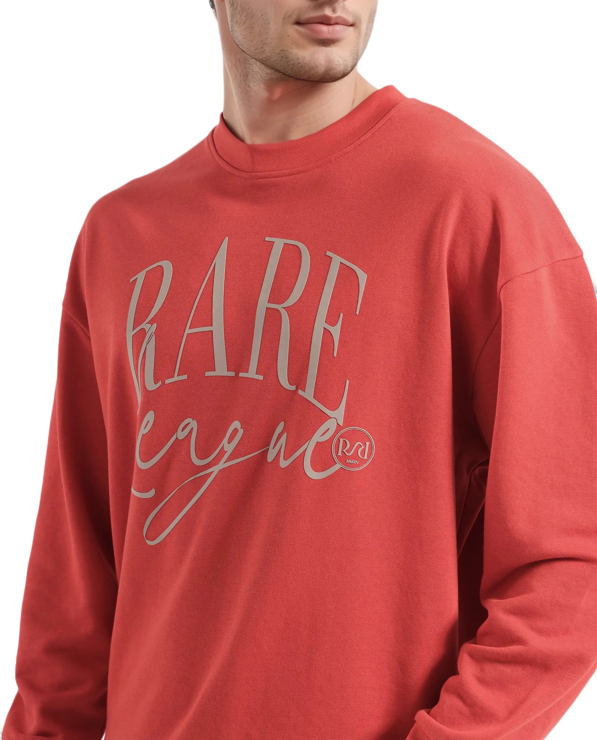Rare Rabbit Men's Emro Orange Cotton Blend Fabric Full Sleeve Crew Neck Boxy Fit Printed Sweatshirt